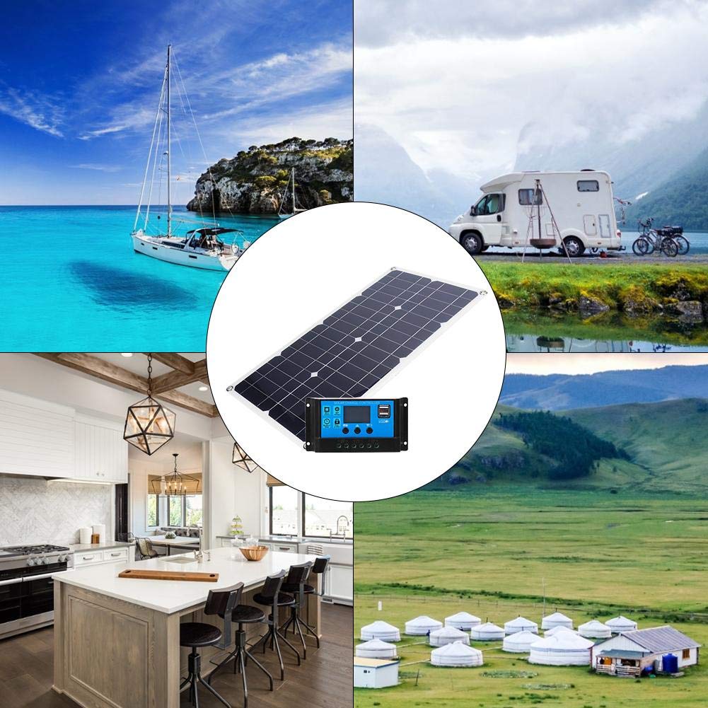 Panneau Solaire Avec Contrôleur PWM 12V/24V, Panneau Solaire en Silicium Monocristallin étanche IP65 Double USB 20w, Courant 10A/20A/30A en Option(30A)
