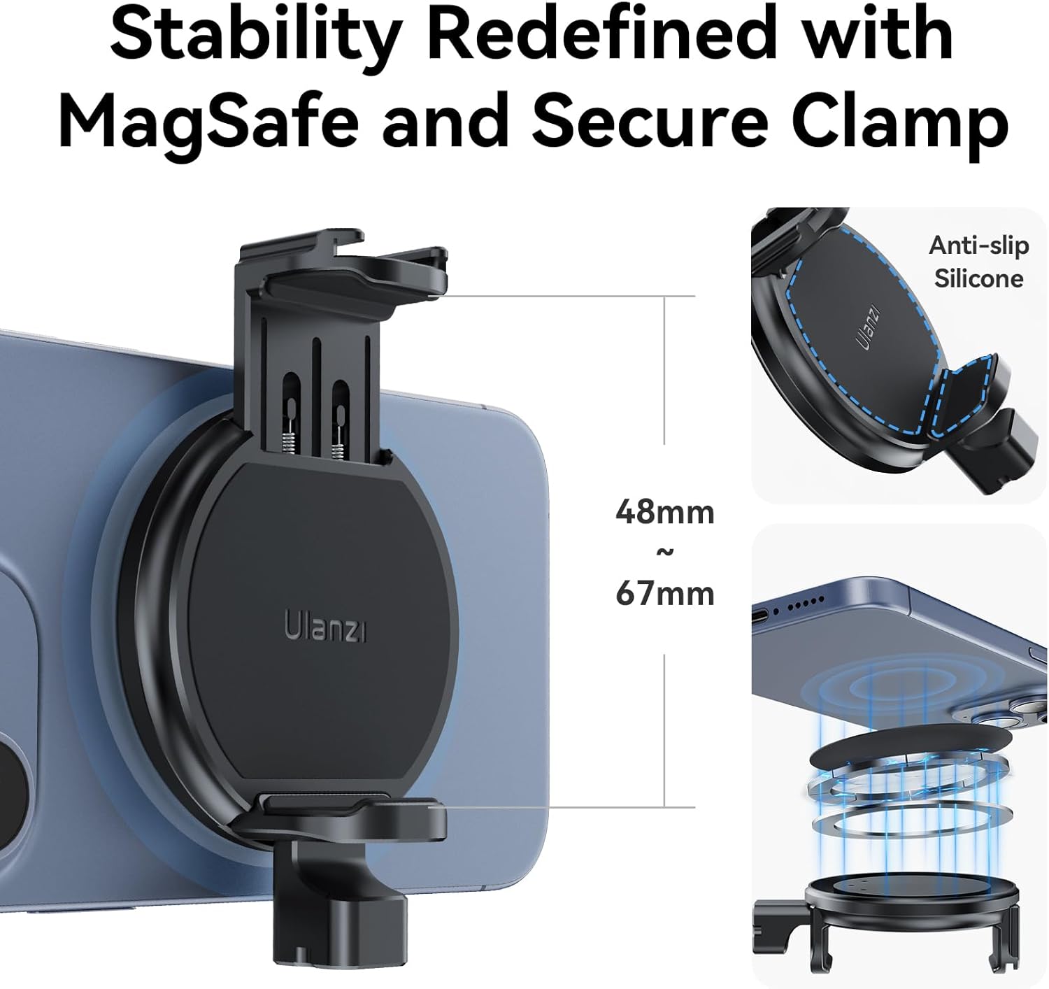 Close-up view of the ULANZI MG10 showing the MagSafe magnetic attachment and the adjustable SSD clamp.
