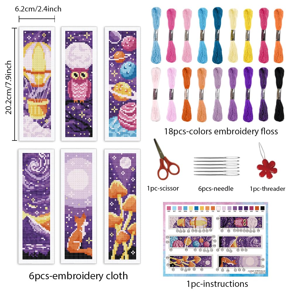 INFUNLY 6pcs Purple DIY Cross Stitch Bookmark Kits 2.4''x7.9'' Owls Stamped Embroidery Bookmark Kit with Instruction Hot Air Balloon Embroidery Set including Pre-Printed Pattern for Book Lovers - Image 2