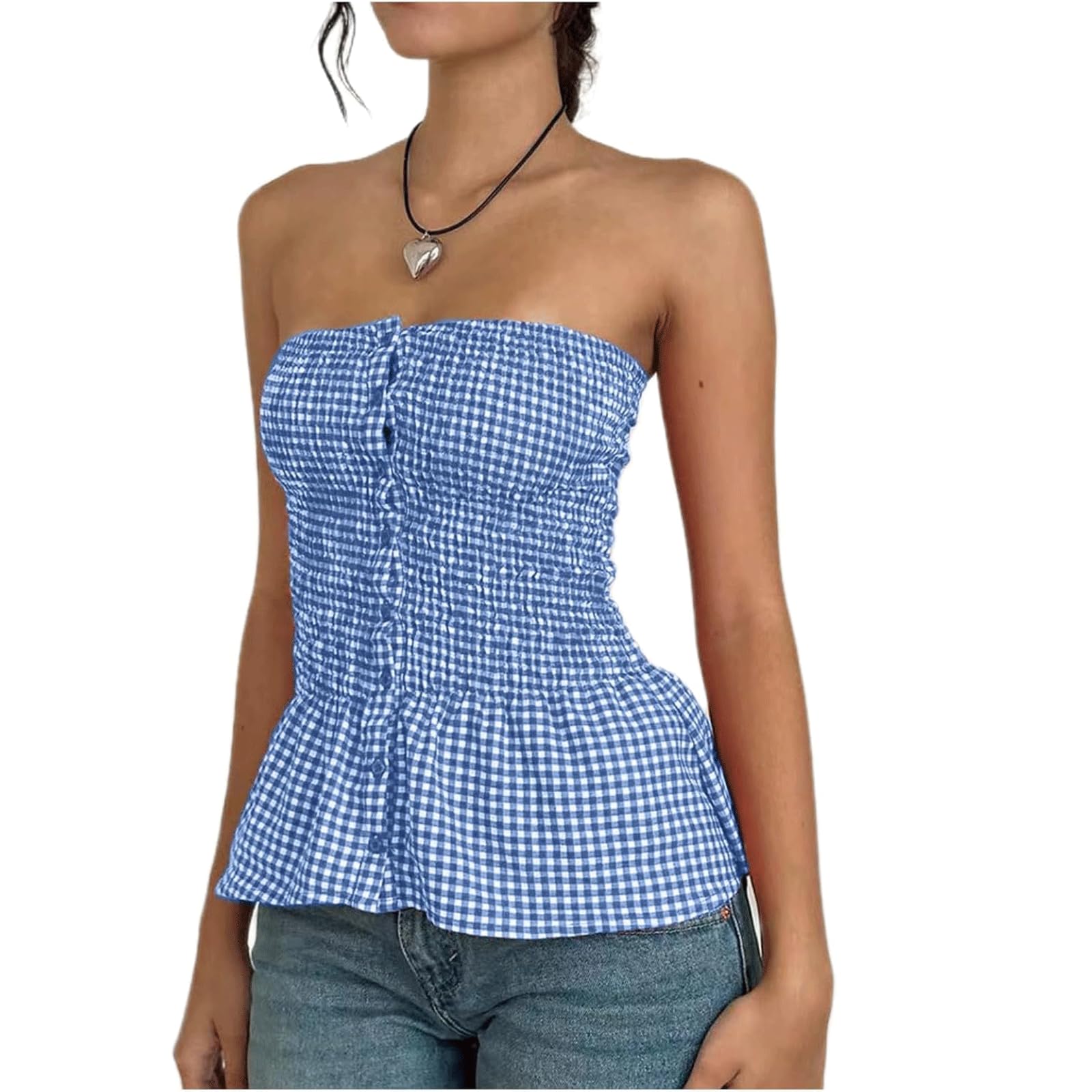 WxuuLTGJR Plaid Camisole Strapless Backless Bustier Button Slim Fit Cami Women's Tanks Streetwear Clubwear Sexy Womens Tube Top