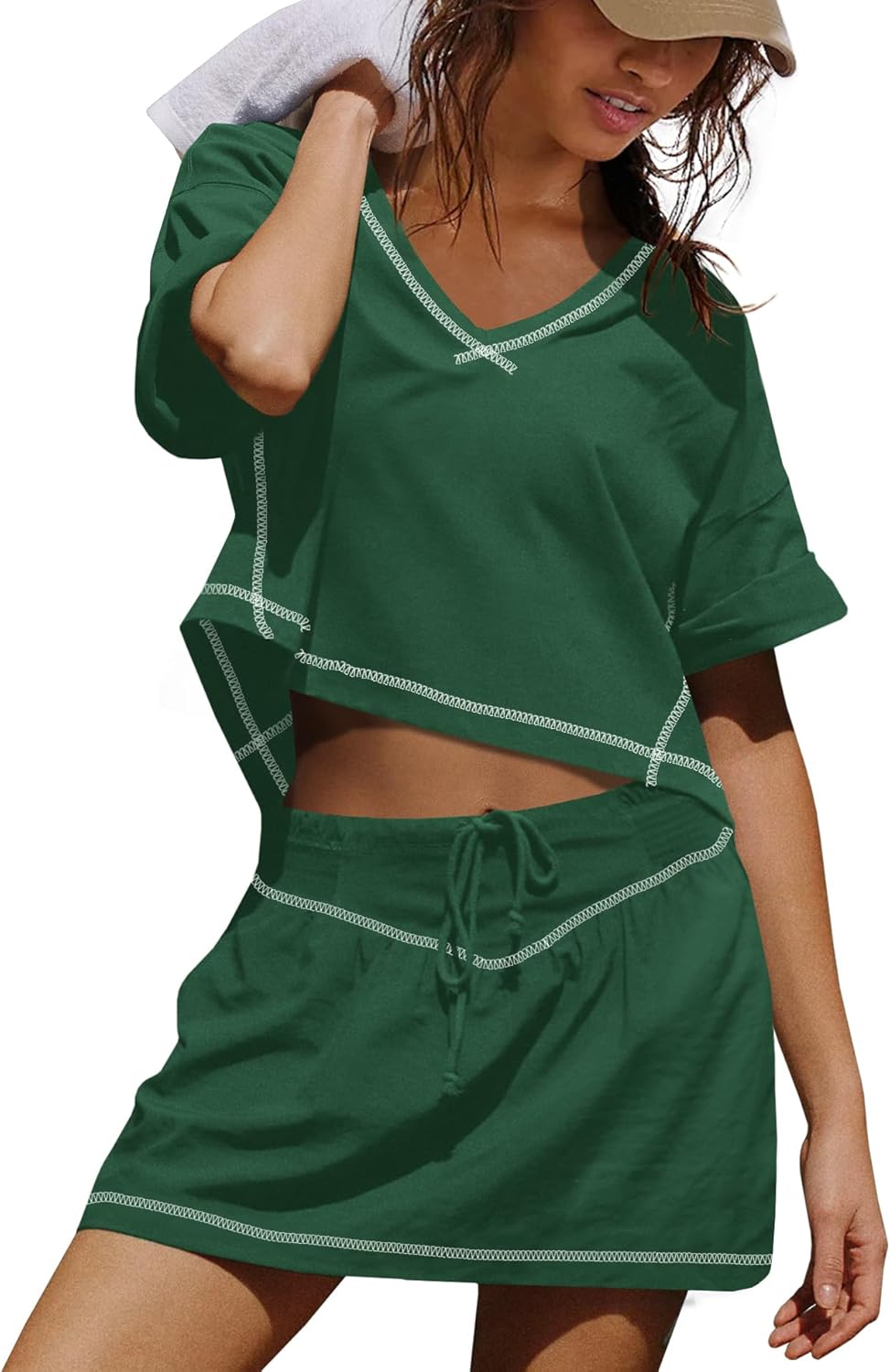 Panadila Womens Workout Set 2 Piece Outfit Skirt Set Matching Sets Crop Tops and Skirt with Shorts Sets with Pockets(Dark Green,M) - Image 2