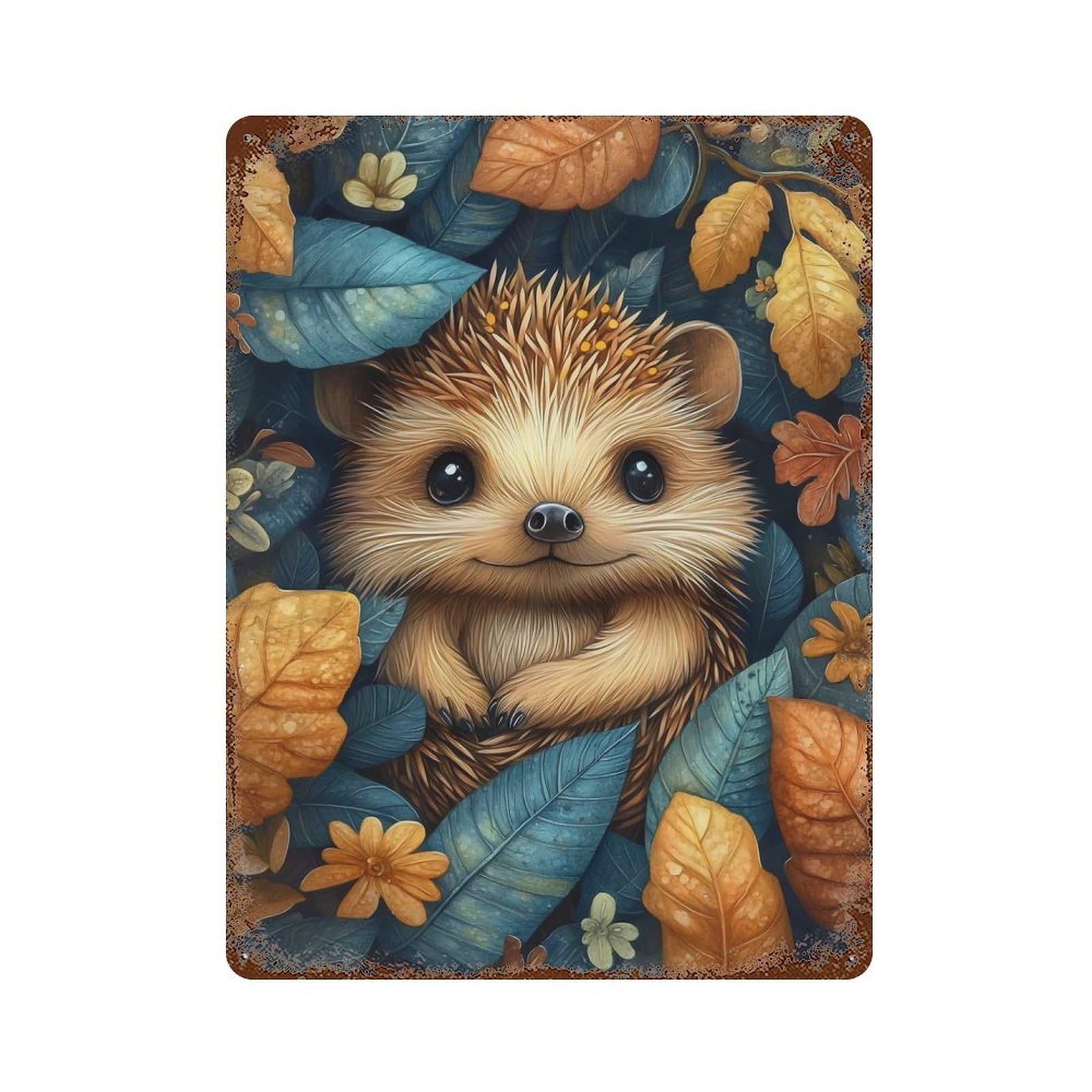 Rust Effect Tin Sign Baby Hedgehog In Autumn Leaves 15.7"x11.8", Vintage Wall Decor for Living Room, Hallway And Home Decor