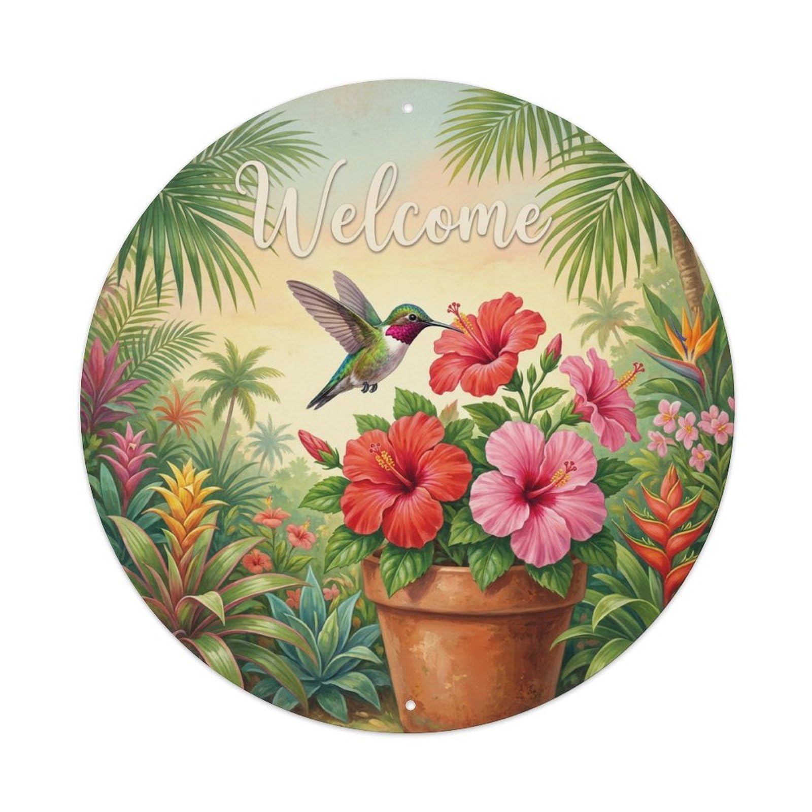 Welcome Hummingbird Hibiscus Metal Tin Sign