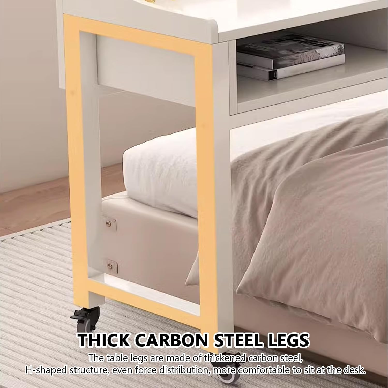 Mesa de cama con ruedas, escritorio móvil con almacenamiento, mesita de noche para laptop, estación de trabajo para dormitorio, ideal para trabajar y escribir
