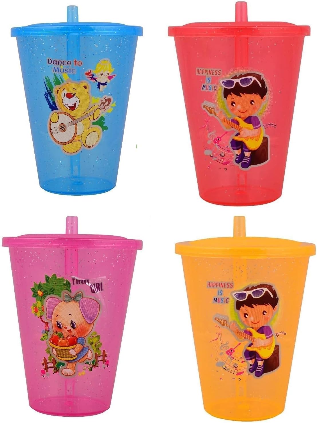 Unequetrend Bpa Free Sipper Glass with Straw and Lid for Kids Easy to Sip The Water - Pack of 4, Pthk-1209 (Multicolor), 250 Milliliter