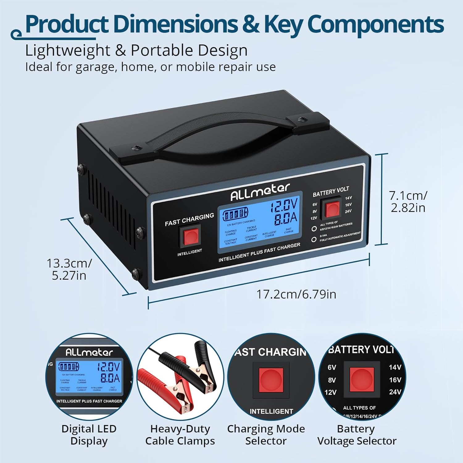 8 Volt Battery Charger - Smart Fully Automatic 0-14A Maintainer for 8V Golf Cart & Automotive Batteries, Also Charges 6/12/14/16/24V AGM, Gel, Lead-Acid