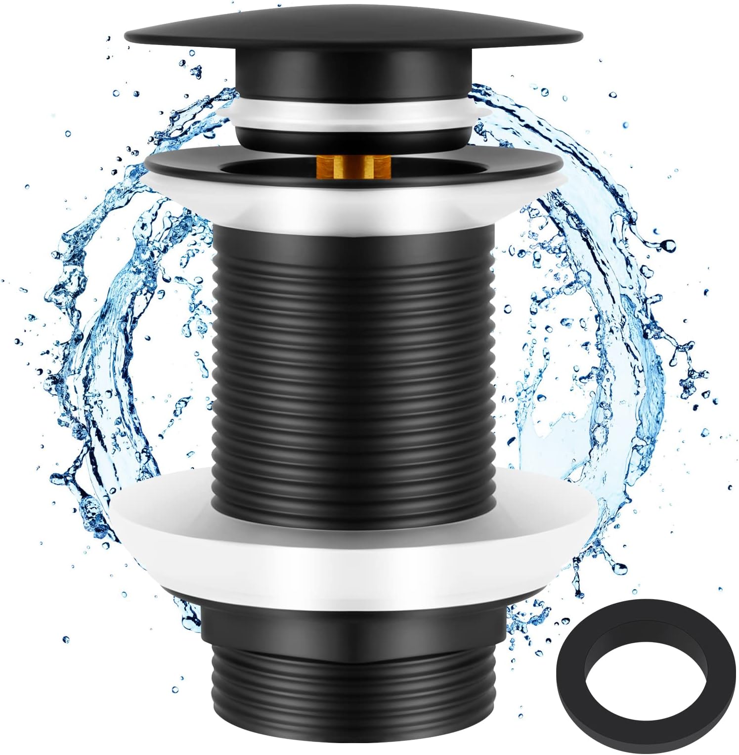 Iyowei Basin Waste Pop Up, Unslotted Pop Up Sink Plug, Matte Black Sink Waste Click Clack Basin Waste without Overflow for Bathroom Sink, with 1Pcs Spare Rubber Gasket