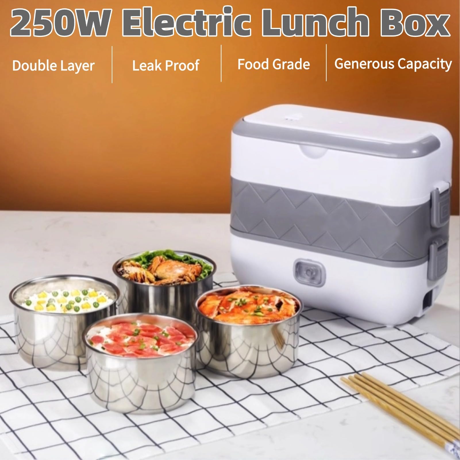 Cuifati Calentador de Alimentos Eléctrico de 2 Litros, Calentador de Alimentos Portátil de 250 W con 4 Contenedores de Alimentos de Acero Inoxidable Extraíbles, Calentador de (Enchufe europeo 220V)