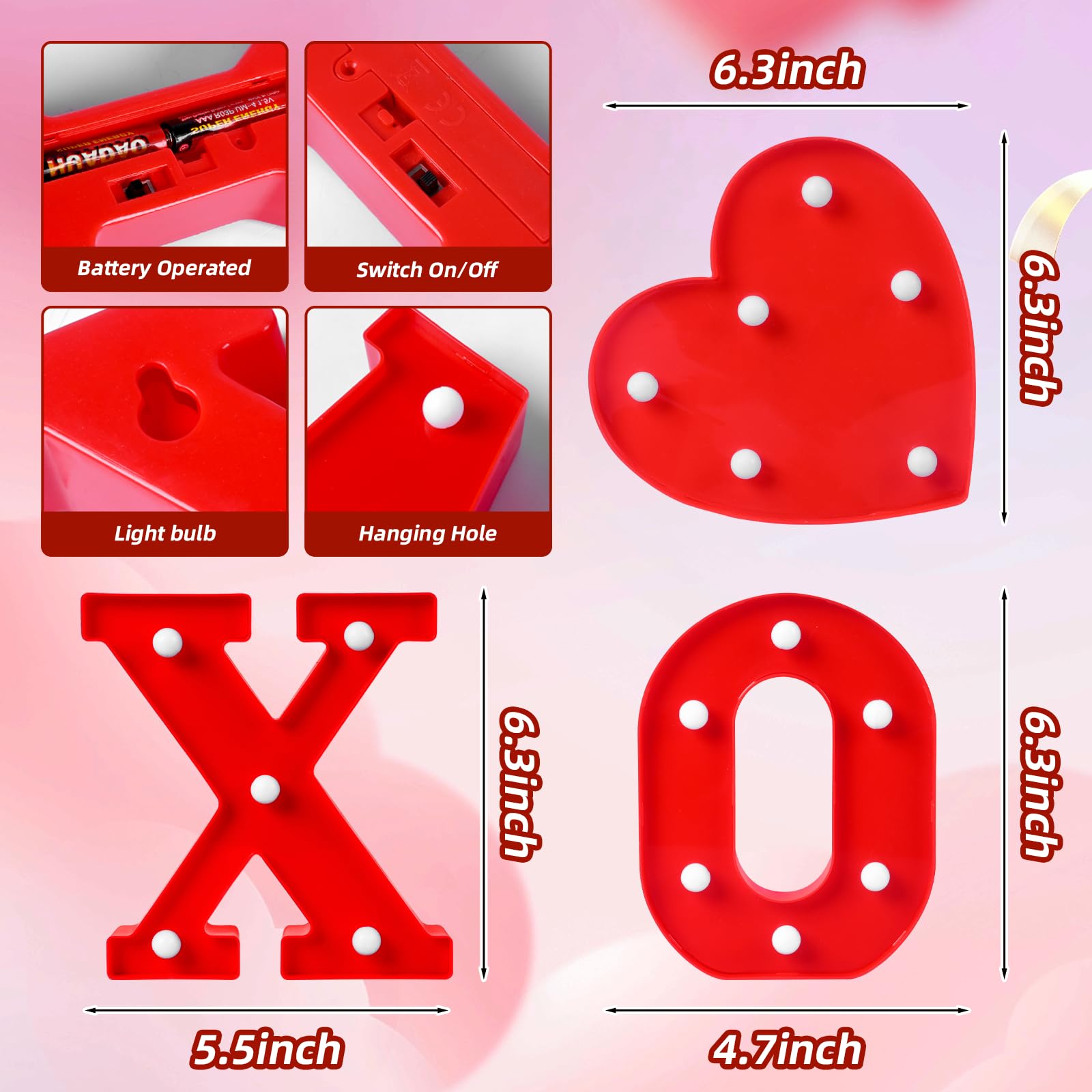 EDYCON Valentine's Day Letter Lights Sign Table Decorations LED Light up Letters Battery Powered Letter for Home Party Bedroom Tabletop Fireplace Indoor Decor(XOXO Heart)