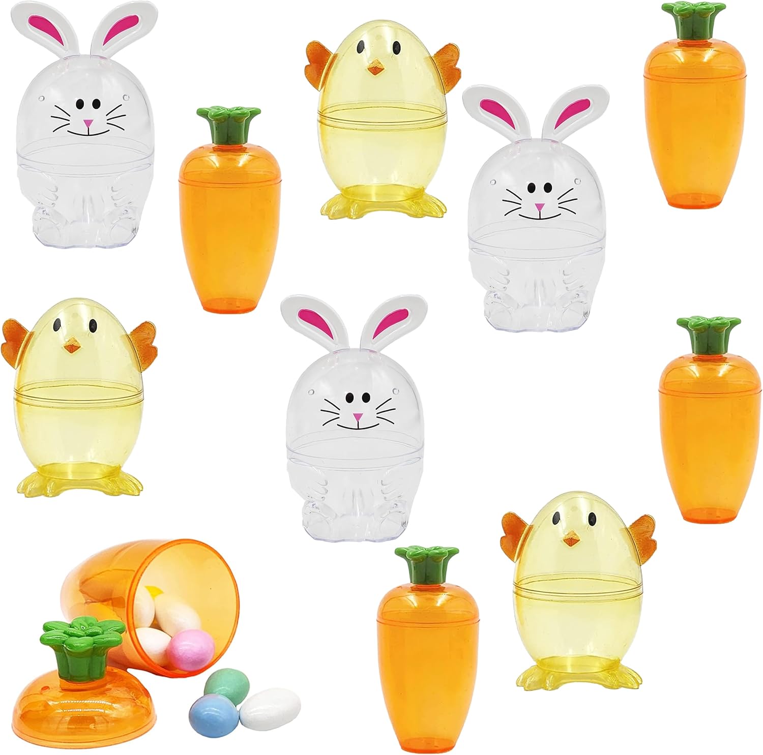 Fillable Easter Carrots, Bunny, and Chick 48-Pack Containers, Perfect Characters for Easter Egg Hunt, Basket Stuffers Filler, Surprise Carrot, Classroom Price Supplies, Party Favor