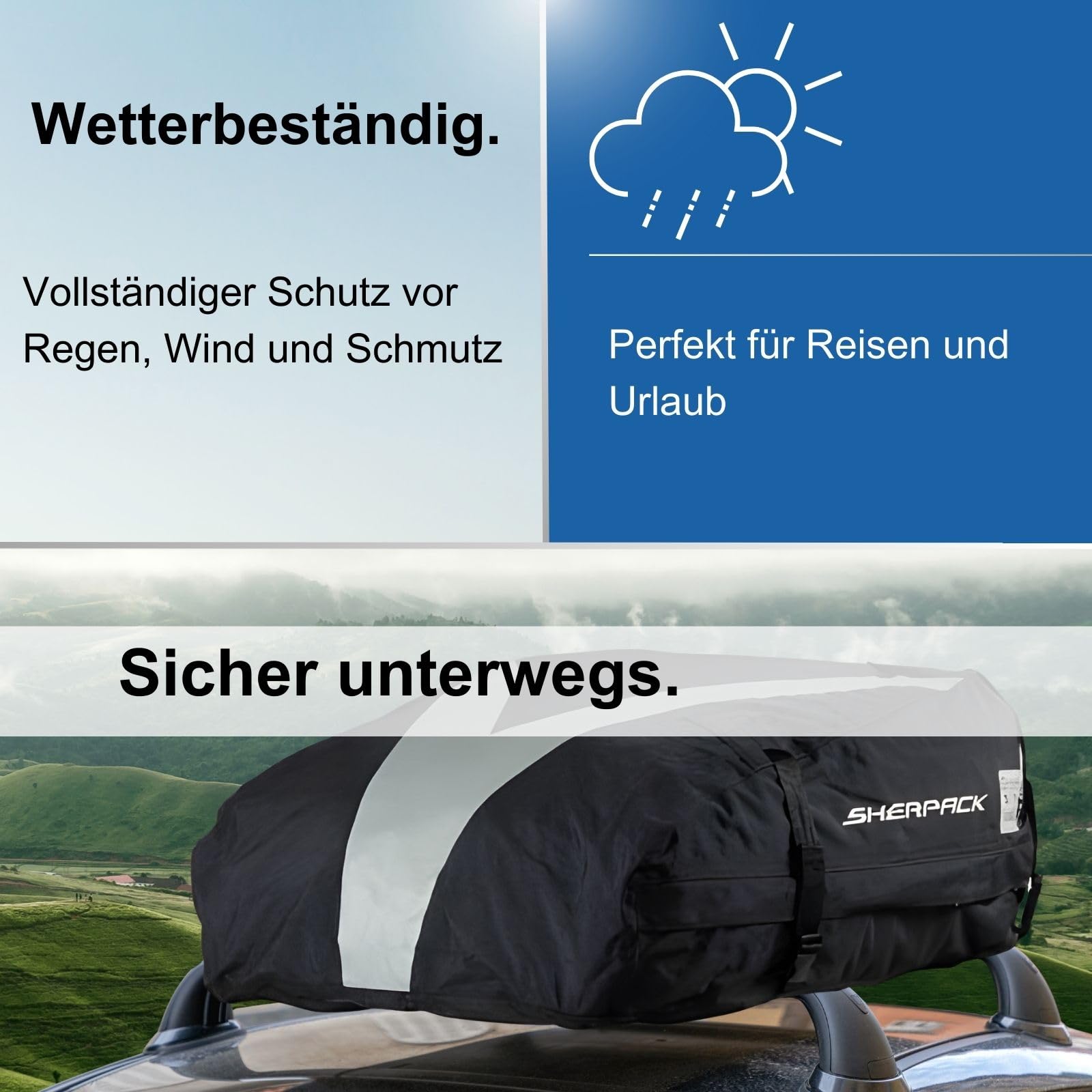 Sherpack Box da tetto per auto, pieghevole - borsa per tetto altamente stabile - baule da tetto idrorepellente 270 litri - borsa per portapacchi - Softbox con custodia - cinghie rinforzate