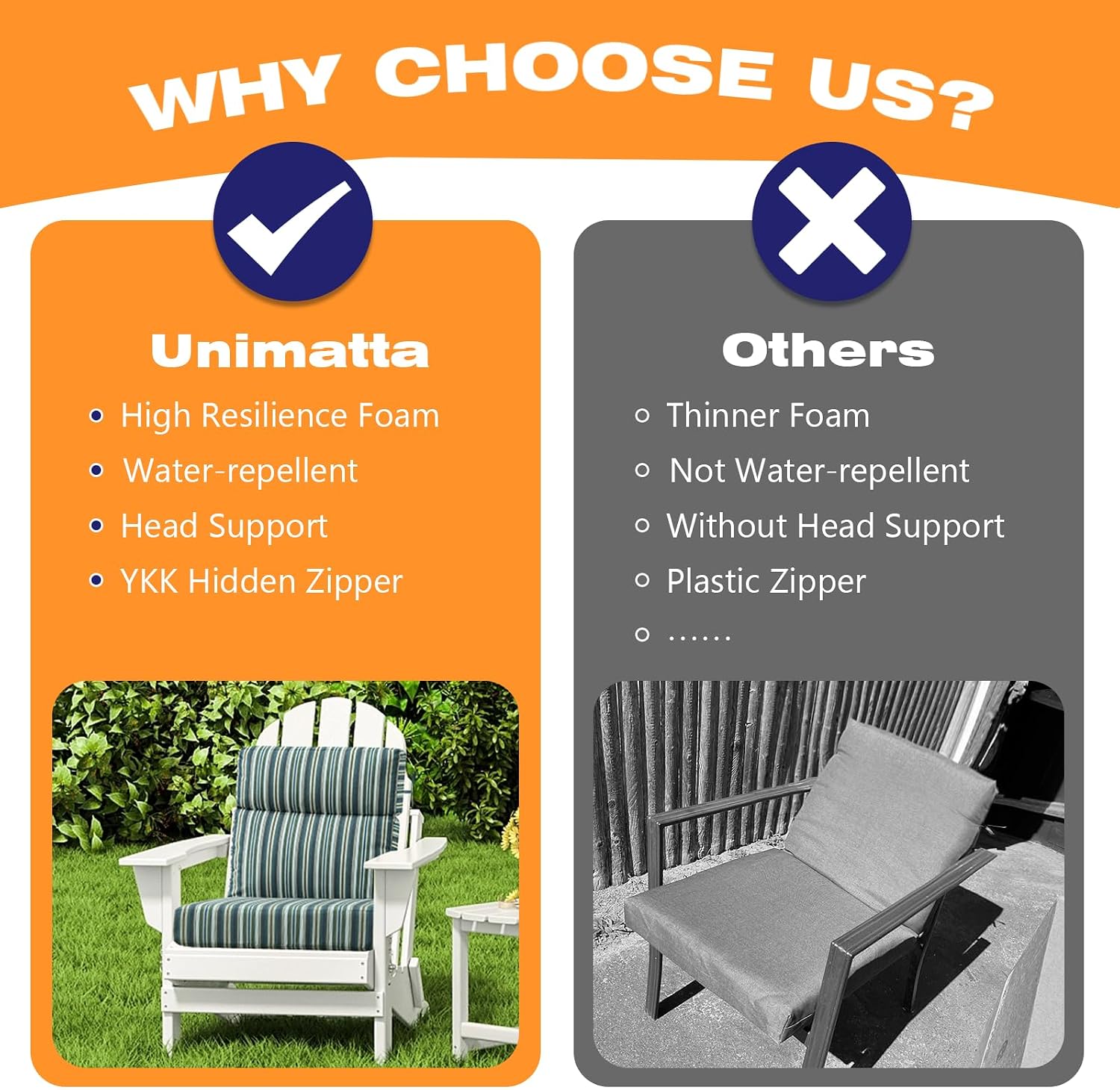 Unimatta Sunbrella Outdoor High Back Chair Cushion Seat Pads, 44 x 21 Inch Water-Repellent & Fade-Resistant Patio Furniture Cushions with Ties for Adirondack, Rocking Chairs, Troupe Indigo