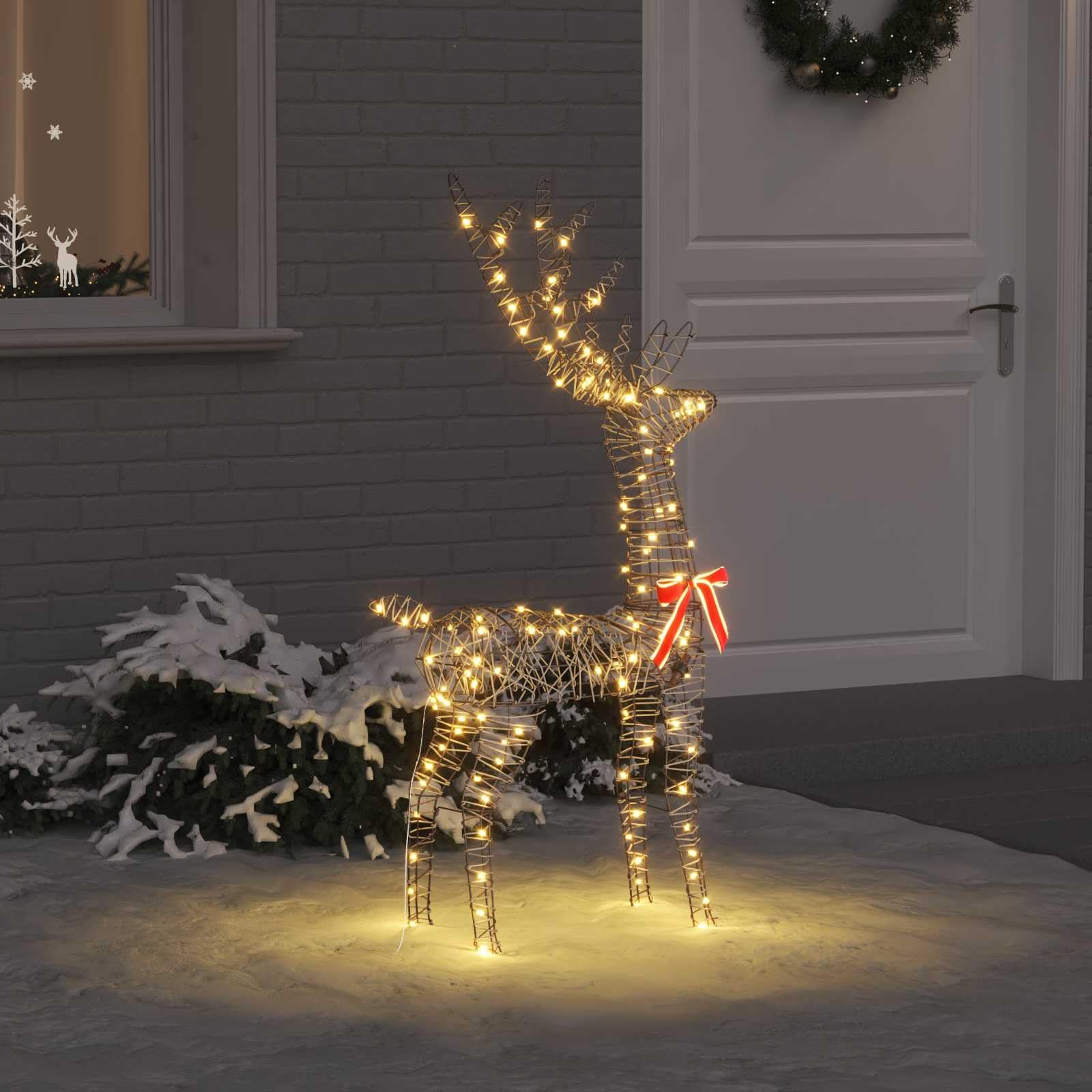 3D Rentier mit 140 LEDs warmweiß, Rattan Weihnachtsdeko für Wohnzimmer, 70 x 41 x 128 cm, USB Betrieb, wetterbeständig, mit rotem Bogen, für festliche Dekoration