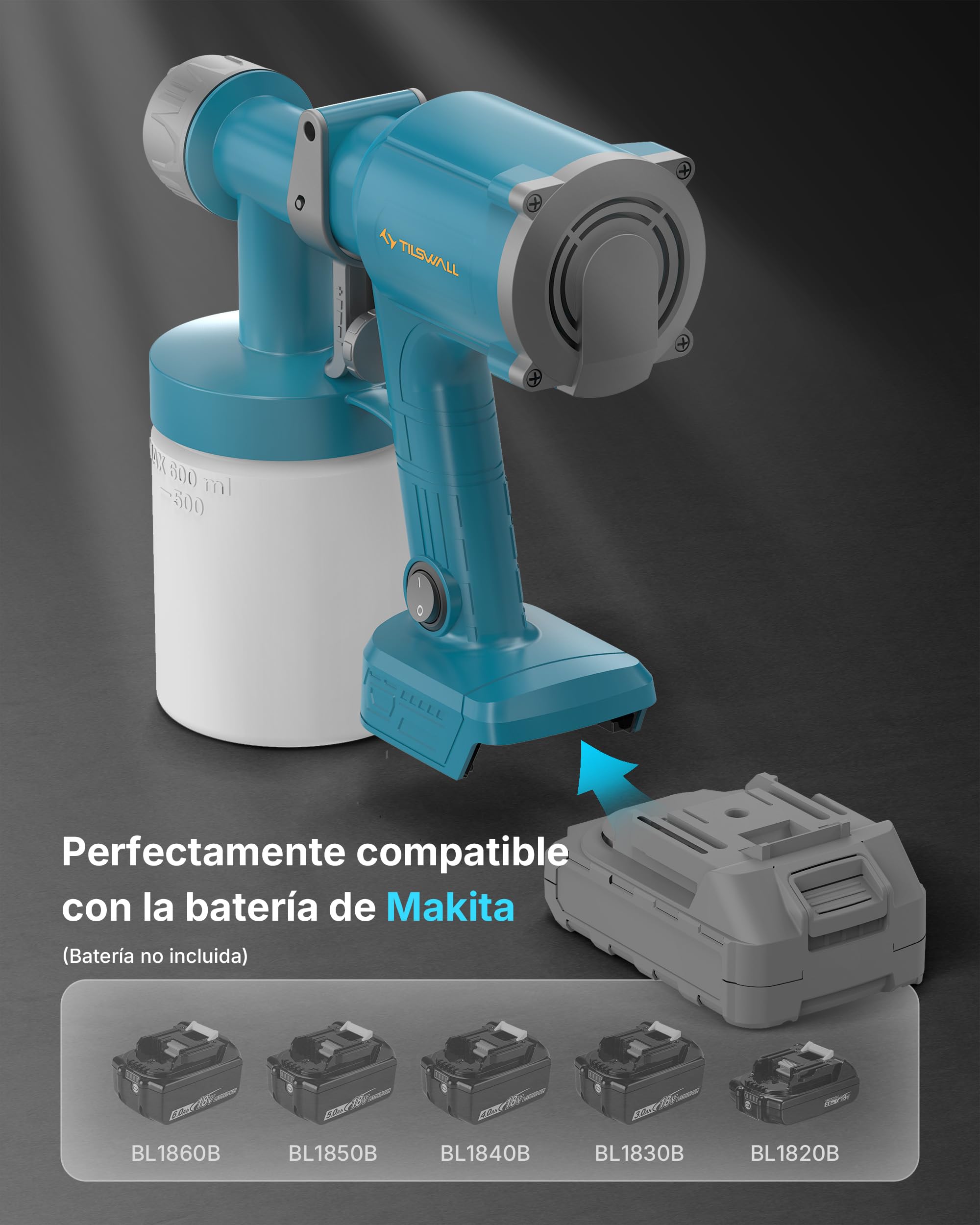 Tilswall Pistola de Pintura Eléctrica - Pistola Pulverizadora Eléctrica Inalámbrica y Ultraligera - Compatible Batería Makita 18V (No Incl.) 600ml, 2 Boquillas & 3 Modos, Para Pintar Paredes y Muebles