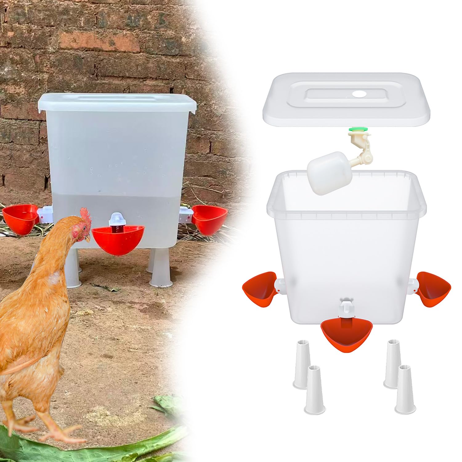 Bebedero automático de pollo con válvula flotante, dispensador de agua de aves de corral de 3 galones para gallinero, alimentador de riego autofilendible para gallinas, patos, codornices