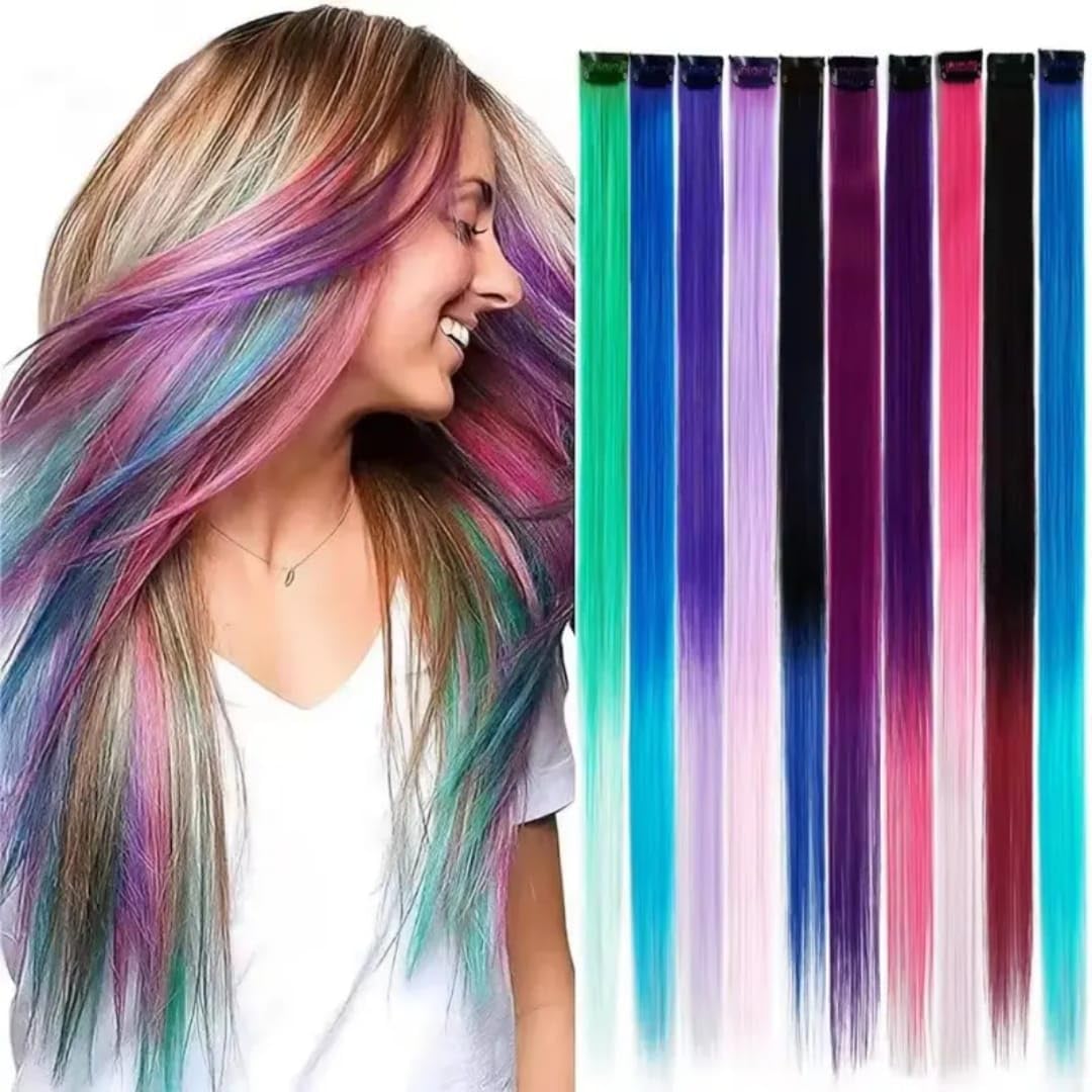 H-STYLE STORE 10 Pcs Colored Clip in Hair Extensions & Wigs Long Straight Rainbow Color Hair Extensions for Kids Girls Women in Festival Party-image-21