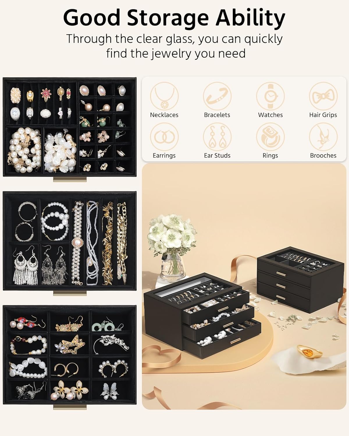 AKOZLIN Jewelry Box with Clear Lid Functional Leather Jewelry Storage Organizer Case 3 Drawers for Women Girls Necklace Ring Bracelet Earring