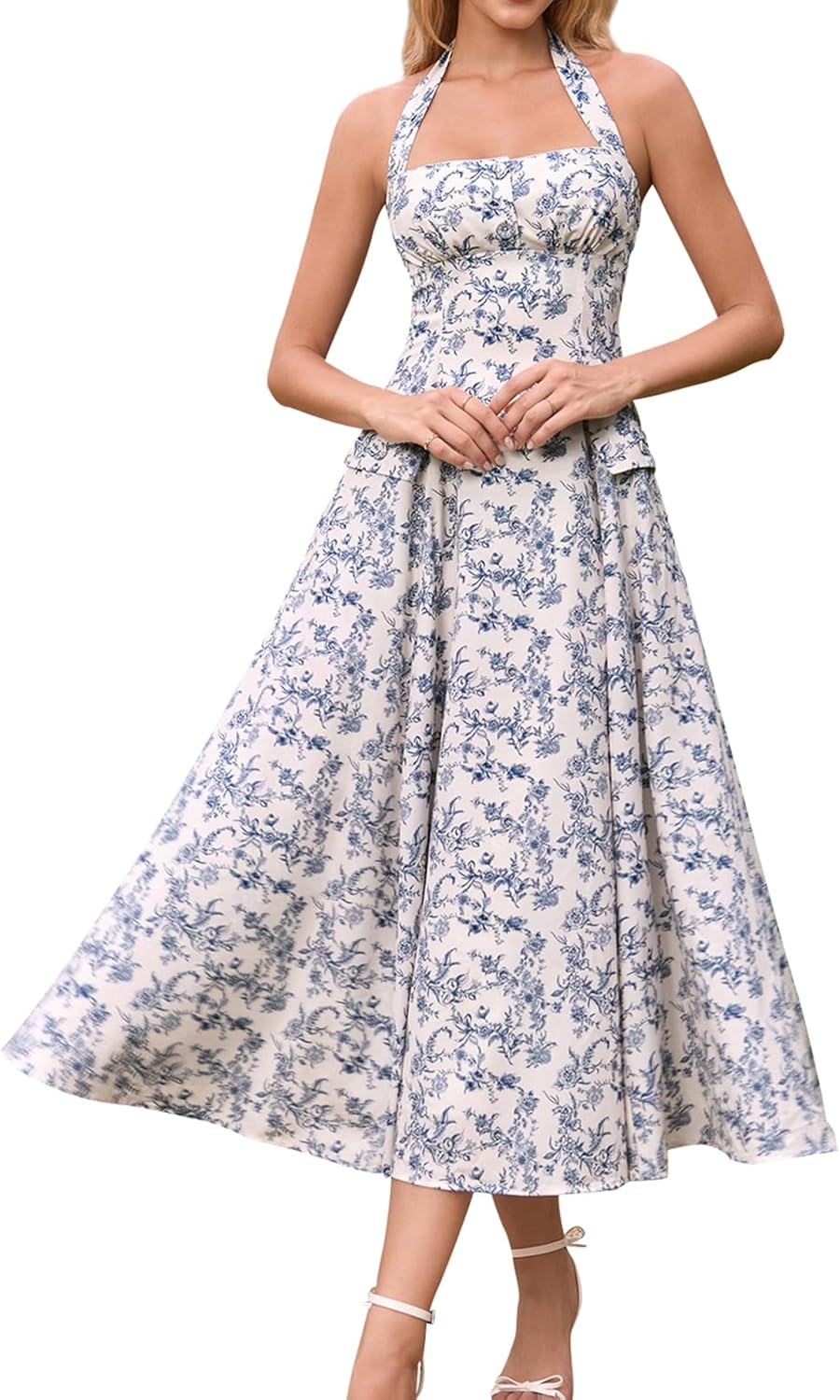 GLNEGE Floral Halter Corset Midi Dresses Summer Flowy Wedding Guest Dress A Line Bow Tea Party Sundress for Women