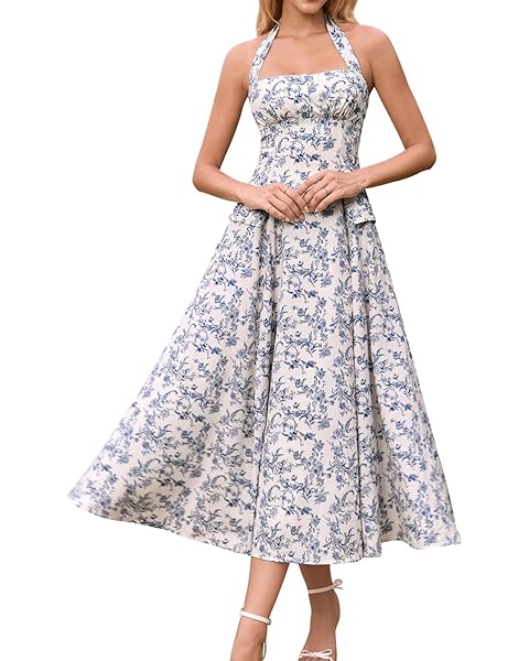 GLNEGE Floral Halter Corset Midi Dresses Summer Flowy Wedding Guest Dress A Line Bow Tea Party Sundress for Women