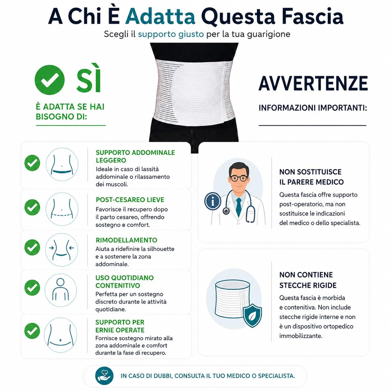 Fascia addominale Post operatoria Unisex contenitiva parto operazione Allevia mal di schiena chiusura a strappo regolabile H 28 Bianco L