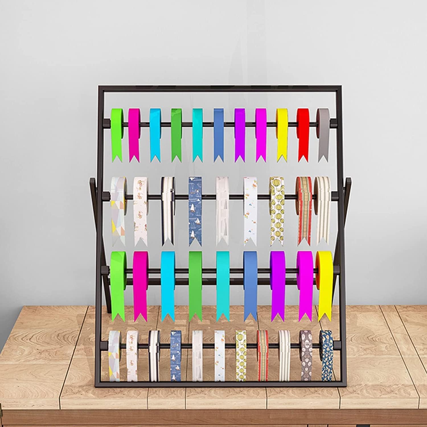 Craft Room Ribbon Storage Organizer Rack Black Flower Wrapping Ribbon Display Stands, Multifunctional Metal Silk Ribbon Pants Shawl Scarf Storage Holder, Cakes/Gift Shop Organizer Rack