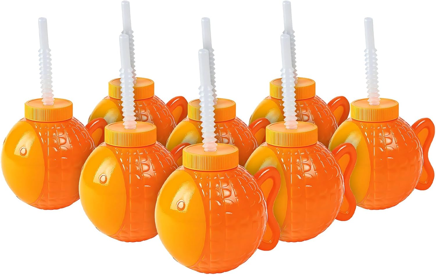 Fun Express Little Fisherman Fish Molded Cups with Straw, Holds 4 oz, BPA Free PLastic, Birthday Party Supplies, Orange - VBS Vacation Bible School Supplies/Decor - Set of 8 Pieces