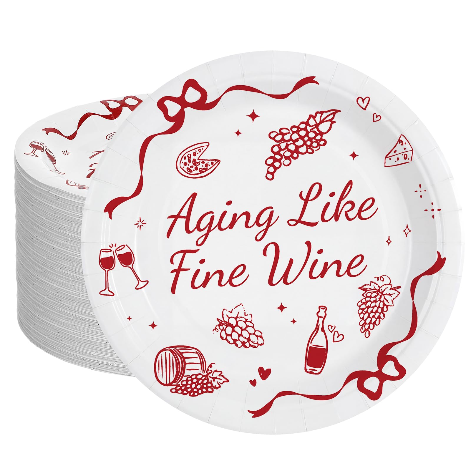 LemonRoad 48Pcs Aging Like Fine Wine Birthday Party Decoration 9''Paper Plates Wine 30th/40th/50th/55th/60th Birthday Decor Disposable Plates Women Man Friends Just Wanna Have Fun Theme Party Supplies