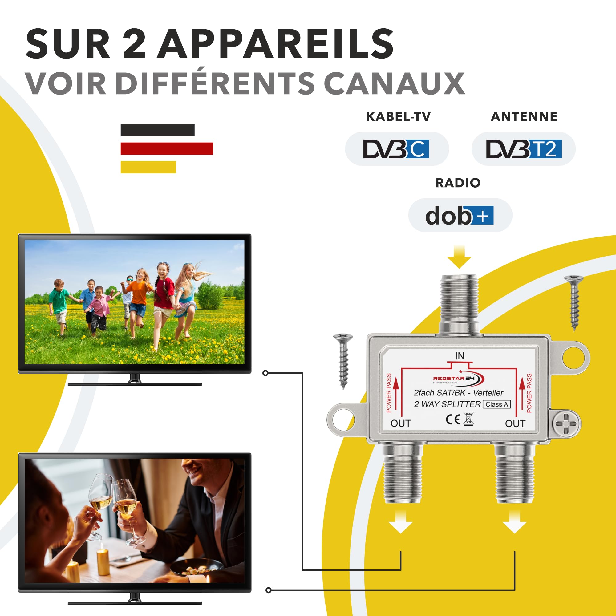 Redstar Répartiteur TV SAT 2 voies - Distributeur antenne satellite HDTV UHD 4K DVB-S/S2 DVB-T/T2 DVB-C/C2 boîtier blindé