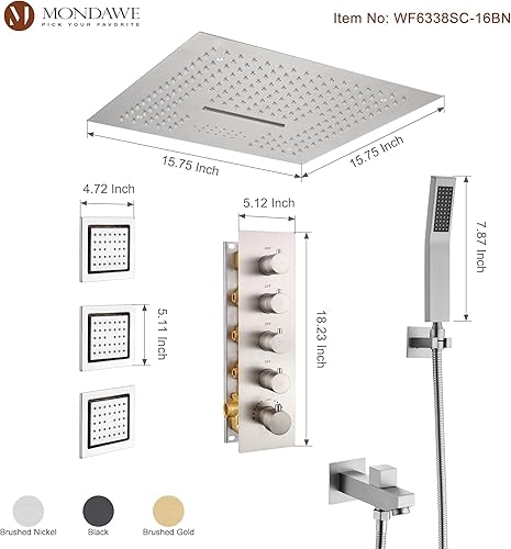Miniatura 8 de MONDAWE Sistema de ducha termostático con 6 chorros corporales, cabezal de ducha de lluvia montado en el techo de 12 pulgadas con combo de mano,