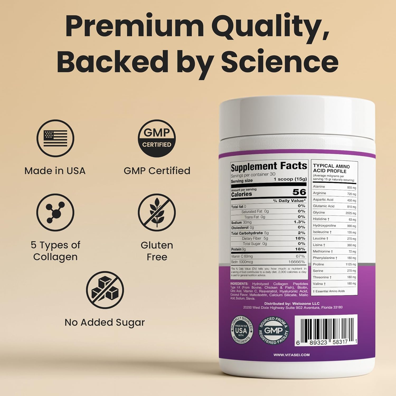 VITASEI Hydrolyzed Collagen Peptides Powder with Resveratrol & Vitamin C – Hair, Skin & Joint Support with Hyaluronic Acid – Colágeno Hidrolizado for Women & Men – Coconut Flavor, 16 oz (30 Servings) - Image 5