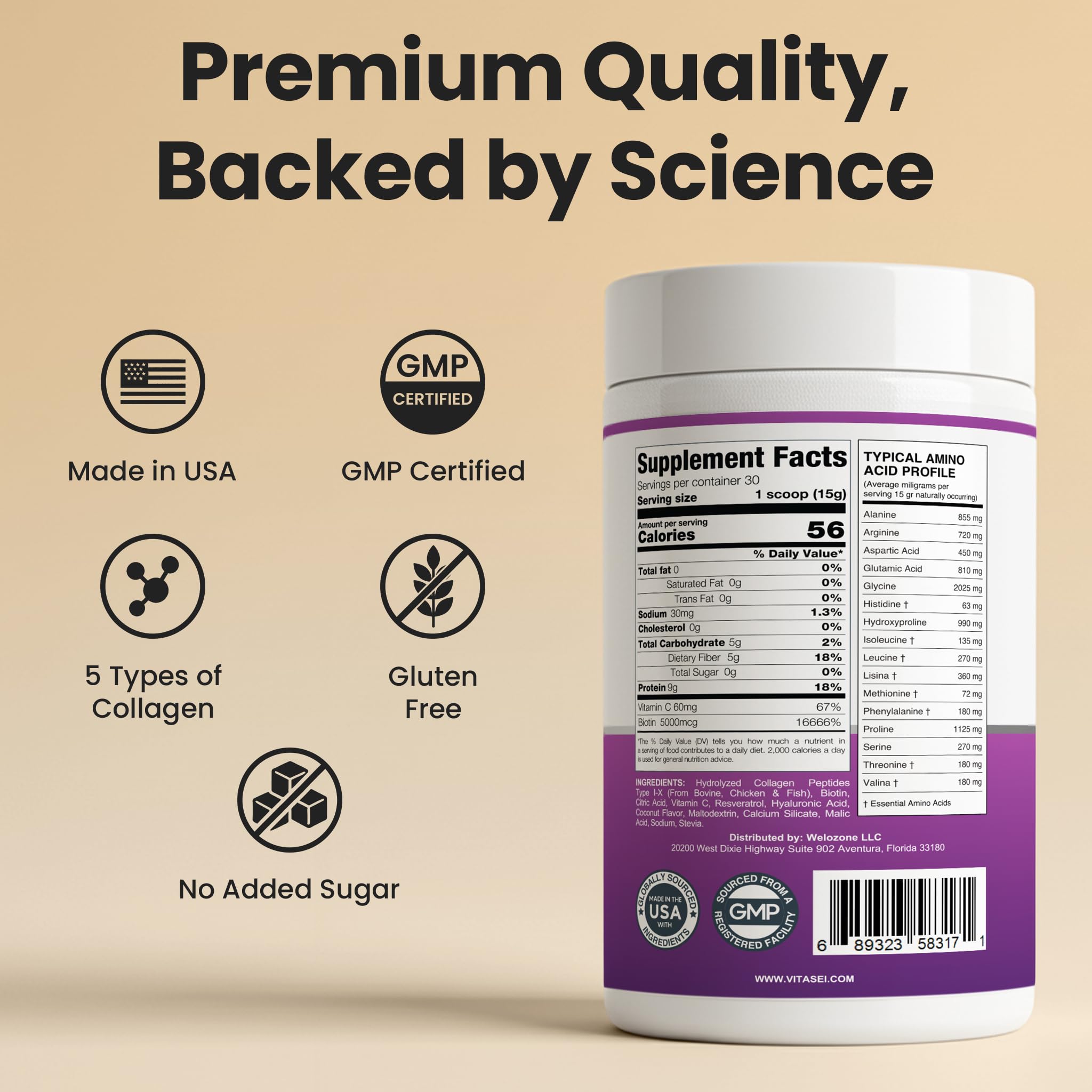 Hydrolyzed Collagen Peptides Powder with Vitamin C & Resveratrol - Hair, Skin and Nails Vitamins for Women & Men - Bone and Joint Supplement - Coconut Flavored - 16 oz