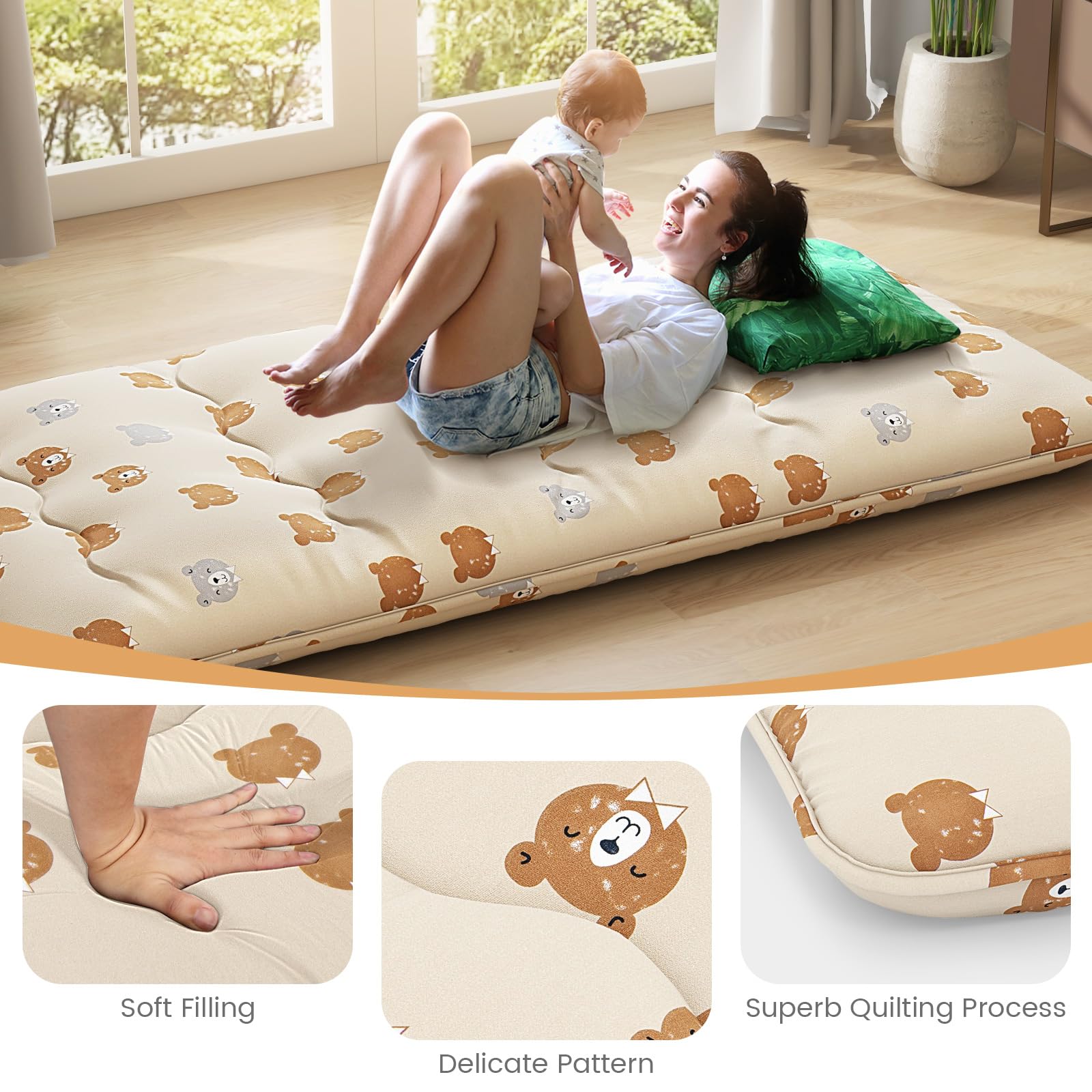 GIANTEX Materasso da pavimento Futon Giapponese, Tappetino Tatami Pieghevole e Portatile, Materasso Pieghevole con Borsa da Trasporto e Fodera Rimovibile (Beige+Orso, 90 x 200 cm)