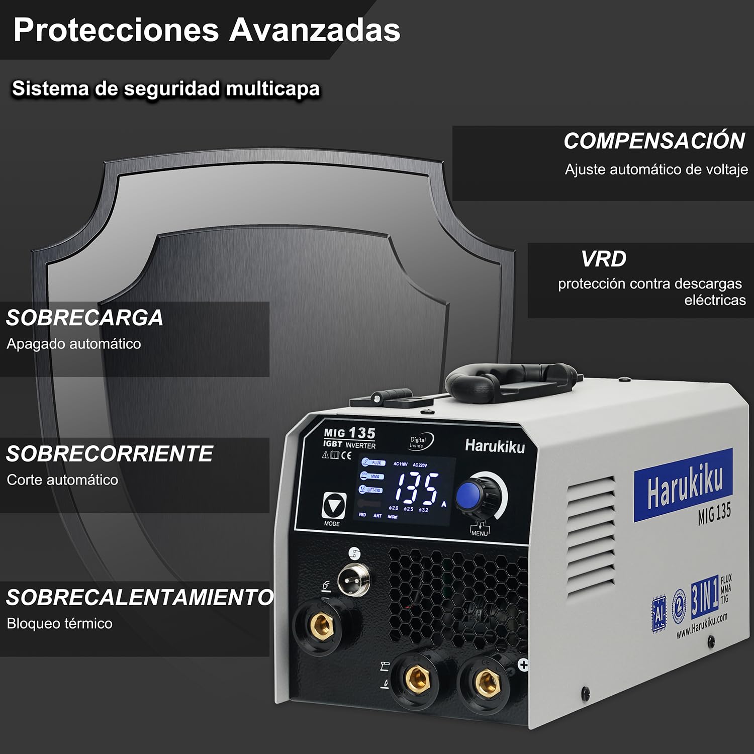 Harukiku135 Soldador de Hilo sin Gas, Máquina de Soldar 3 en 1 Multiproceso (Flux MIG/MMA/Lift TIG) con Avance Sincronizado, Inverter IGBT Compacto para Profesionales y Aficionados