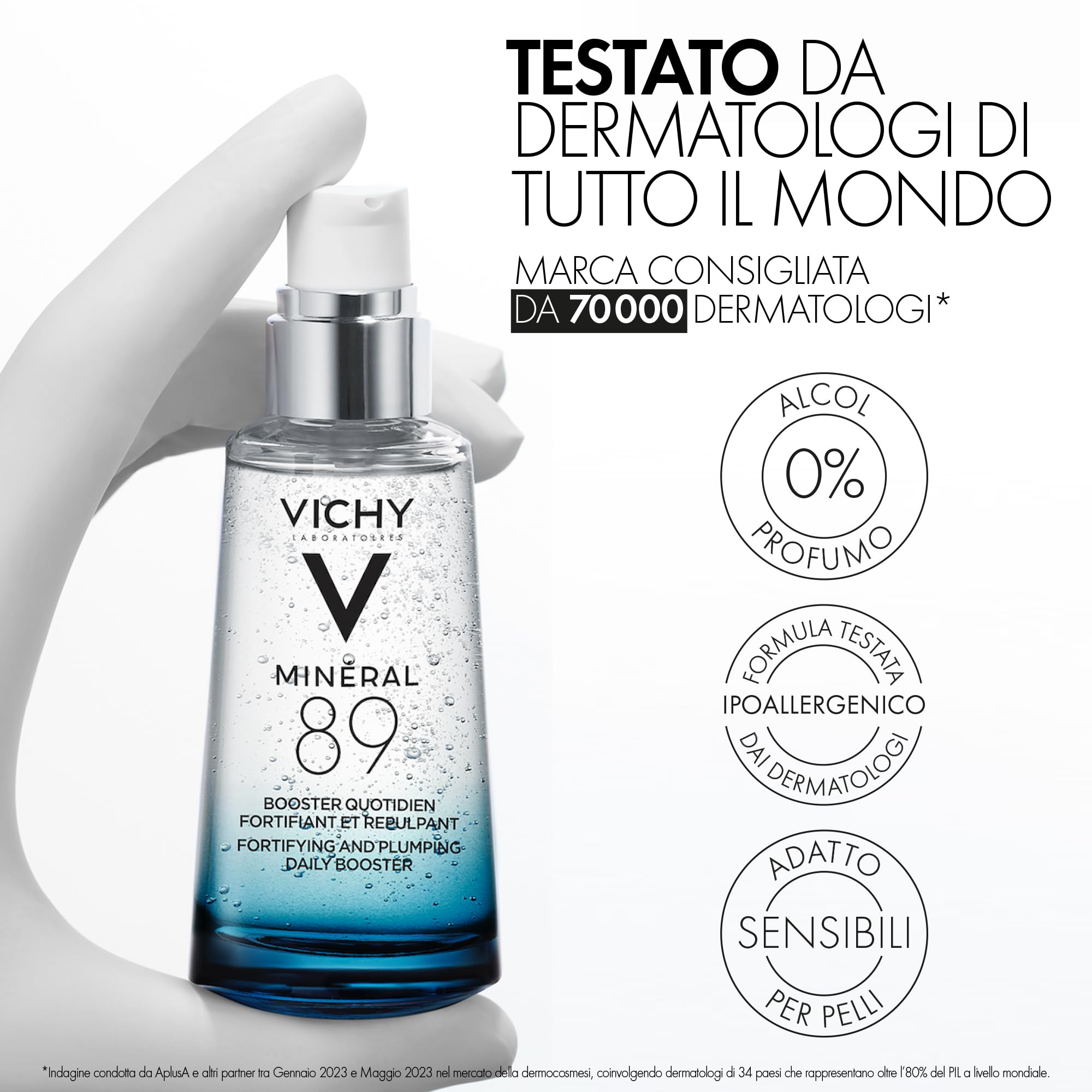 Vichy Minéral 89, Booster Quotidiano Fortificante e Rimpolpante, Per Tutti i Tipi di Pelle, Pelle Tonica e Idratata, Arricchito con Acido Ialuronico e Acqua Vulcanica, 75 ml