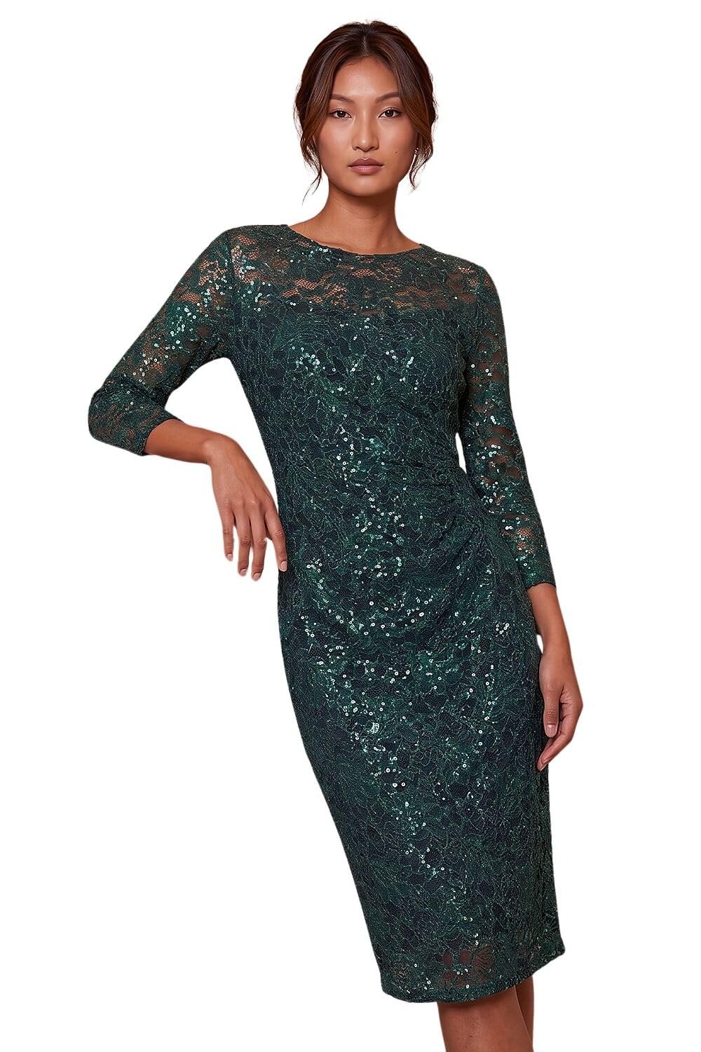 Roman Sequin Lace Ruched Stretch Dress for Women UK Ladies Autumn Everyday Winter Holiday Round Neckline Comfy 3/4 Sleeve Soft Knee Length Party Frock Bodycon Gowns