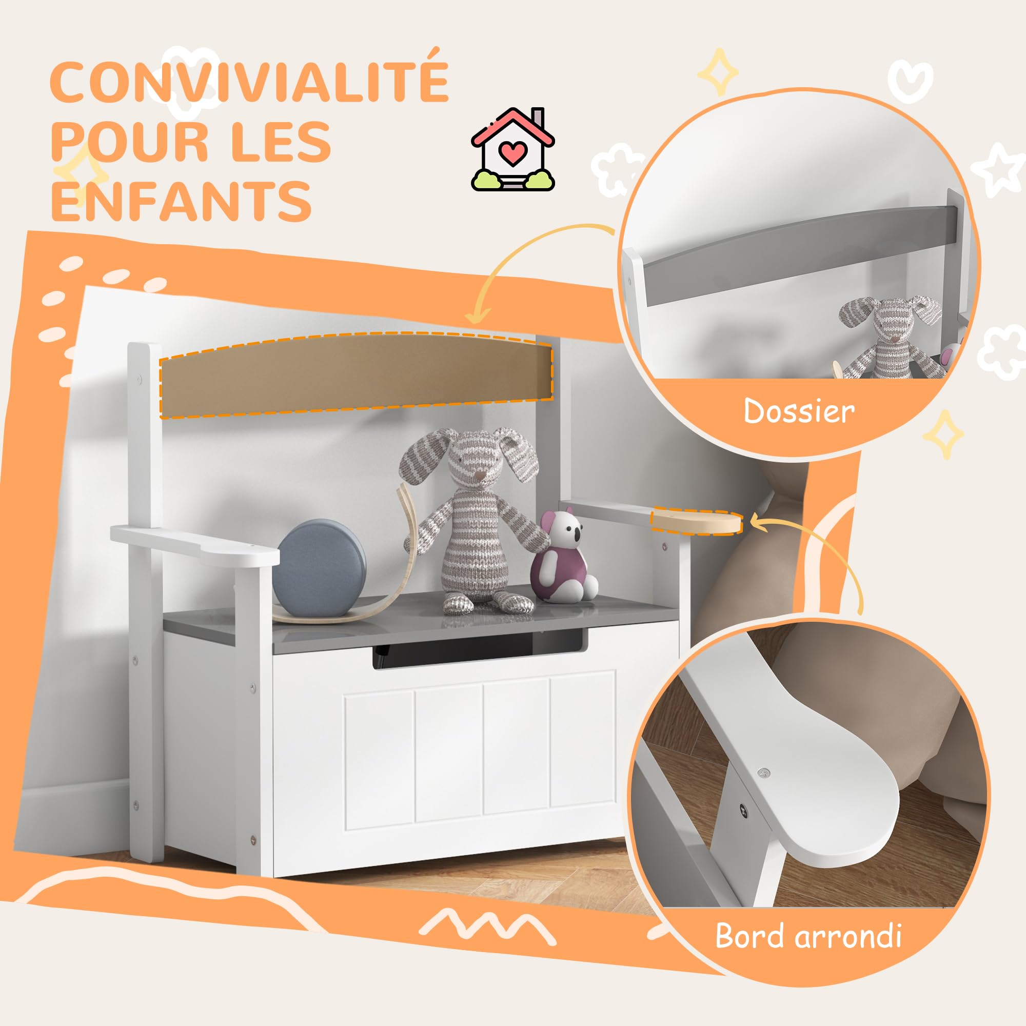 AIYAPLAY Coffre à Jouets pour Enfants 2 en 1 68,5L x 34l x 58H cm Gris | Banc, Meuble de Rangement et Assise, Dossier et Accoudoirs, Vérin Pneumatique