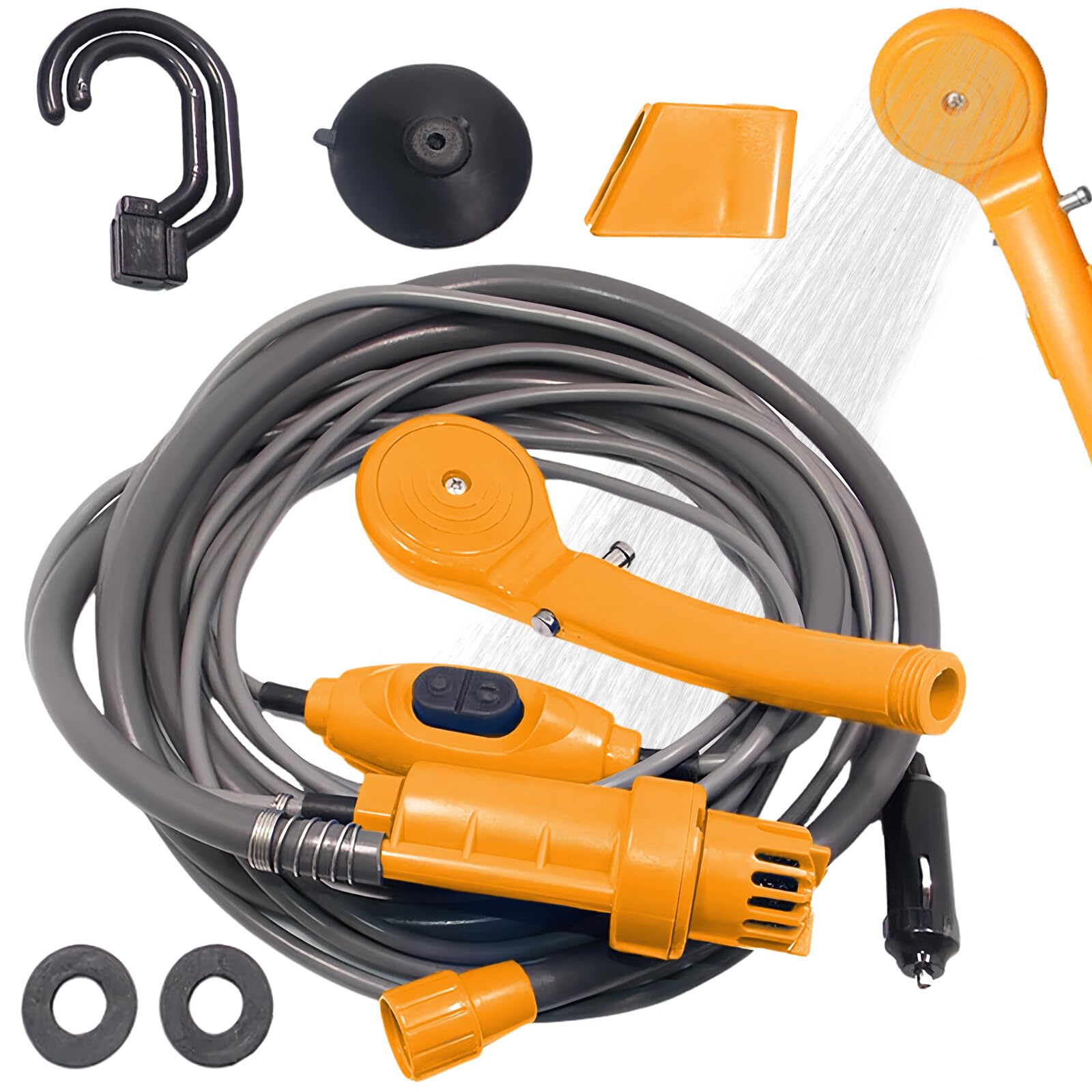 Aicharynic Doccia da campeggio, 12 V, portatile da campeggio con pompa, set doccia mobile con soffione e tubo, doccia da campeggio, tubo flessibile per campeggio, viaggi, giardino, pulizia animali