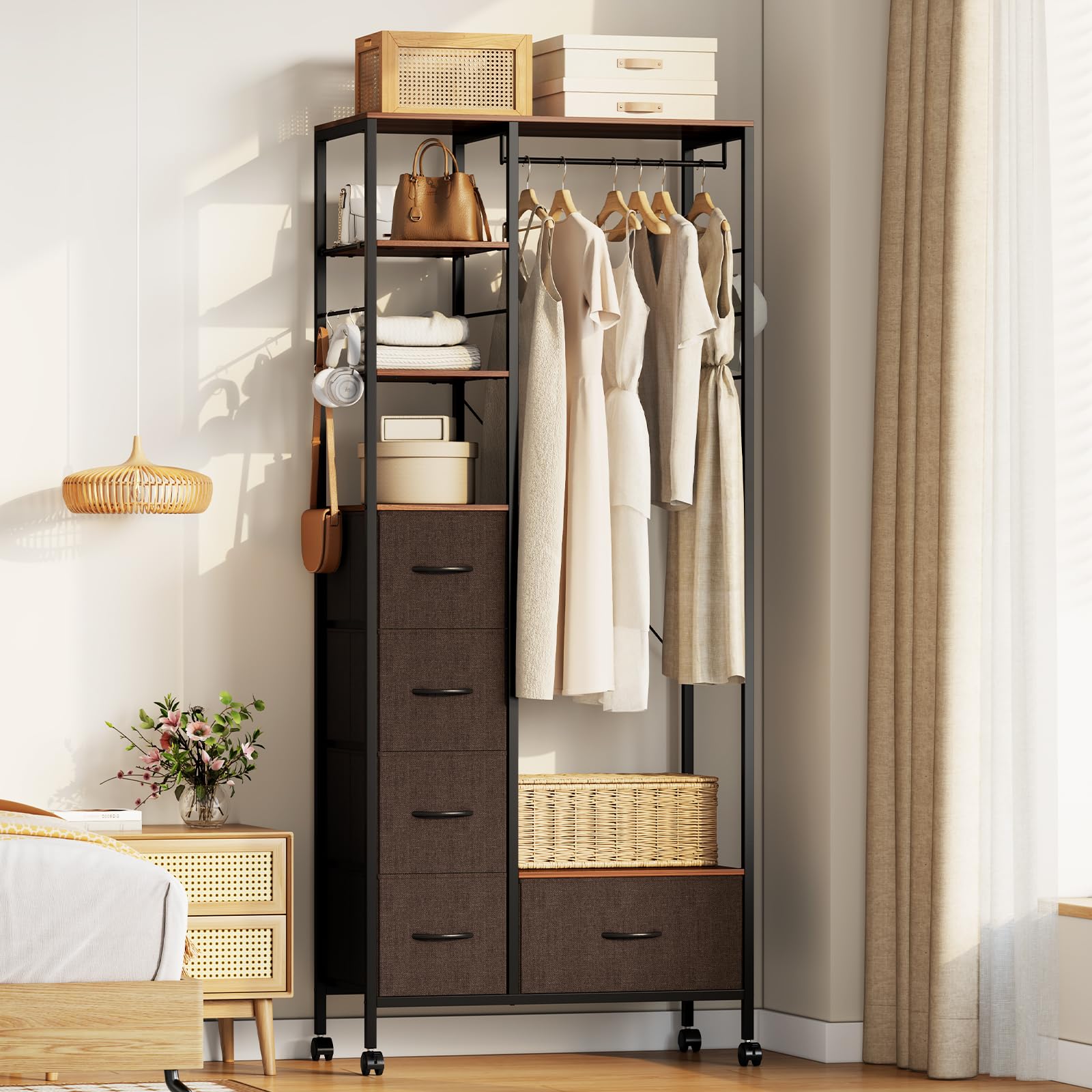 シェルフ付きワードローブ 棚・引き出し付き ダークブラウン シェルフ