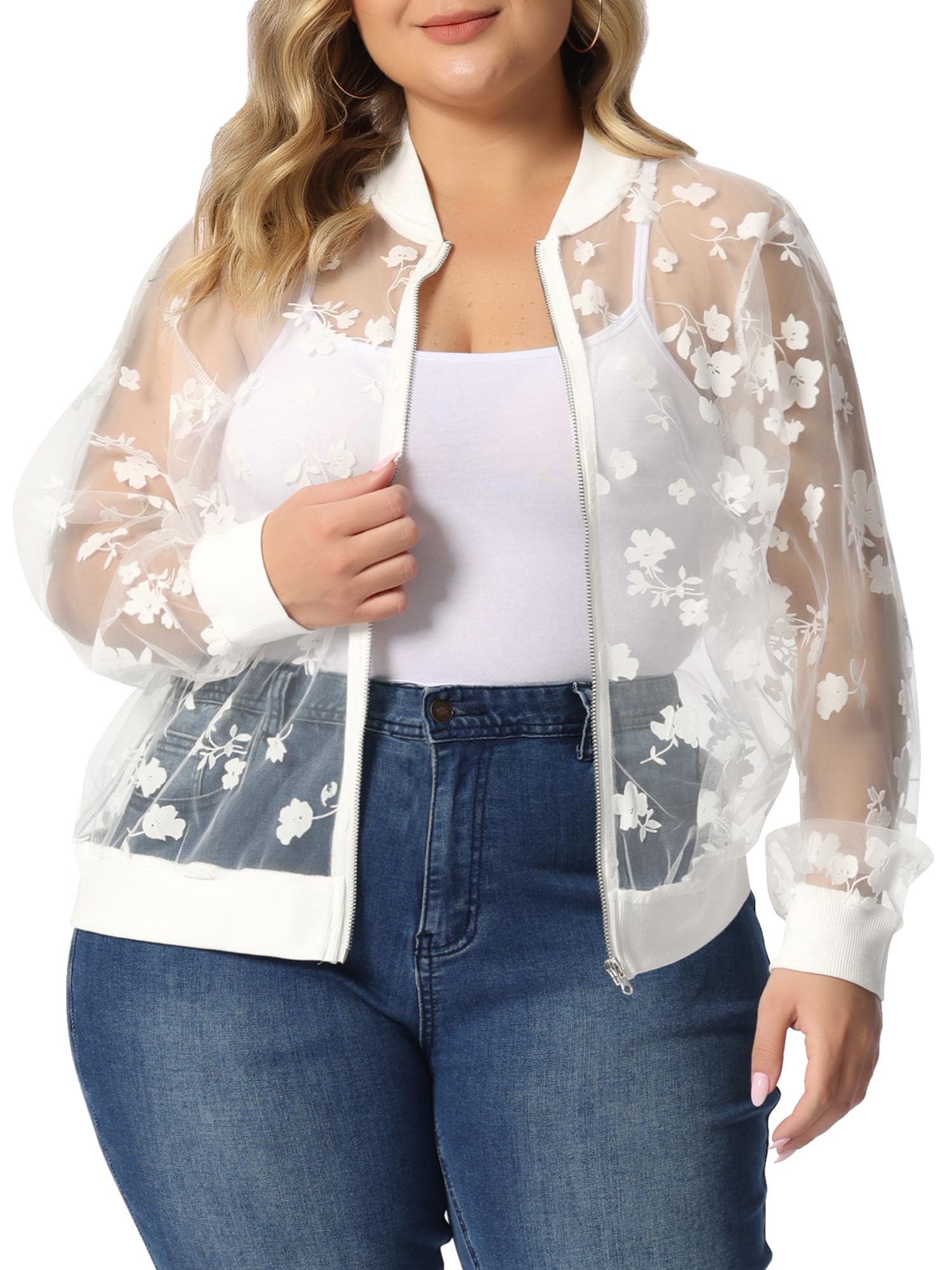 Agnes Orindaplus Size Jackets For Women Sheer Floral Lace Long