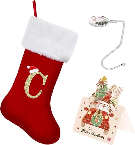 CRSTAFU Calcetines de Navidad personalizados con monograma, medias de Navidad con inicial familiar de 20 pulgadas, puño de felpa blanca súper suave