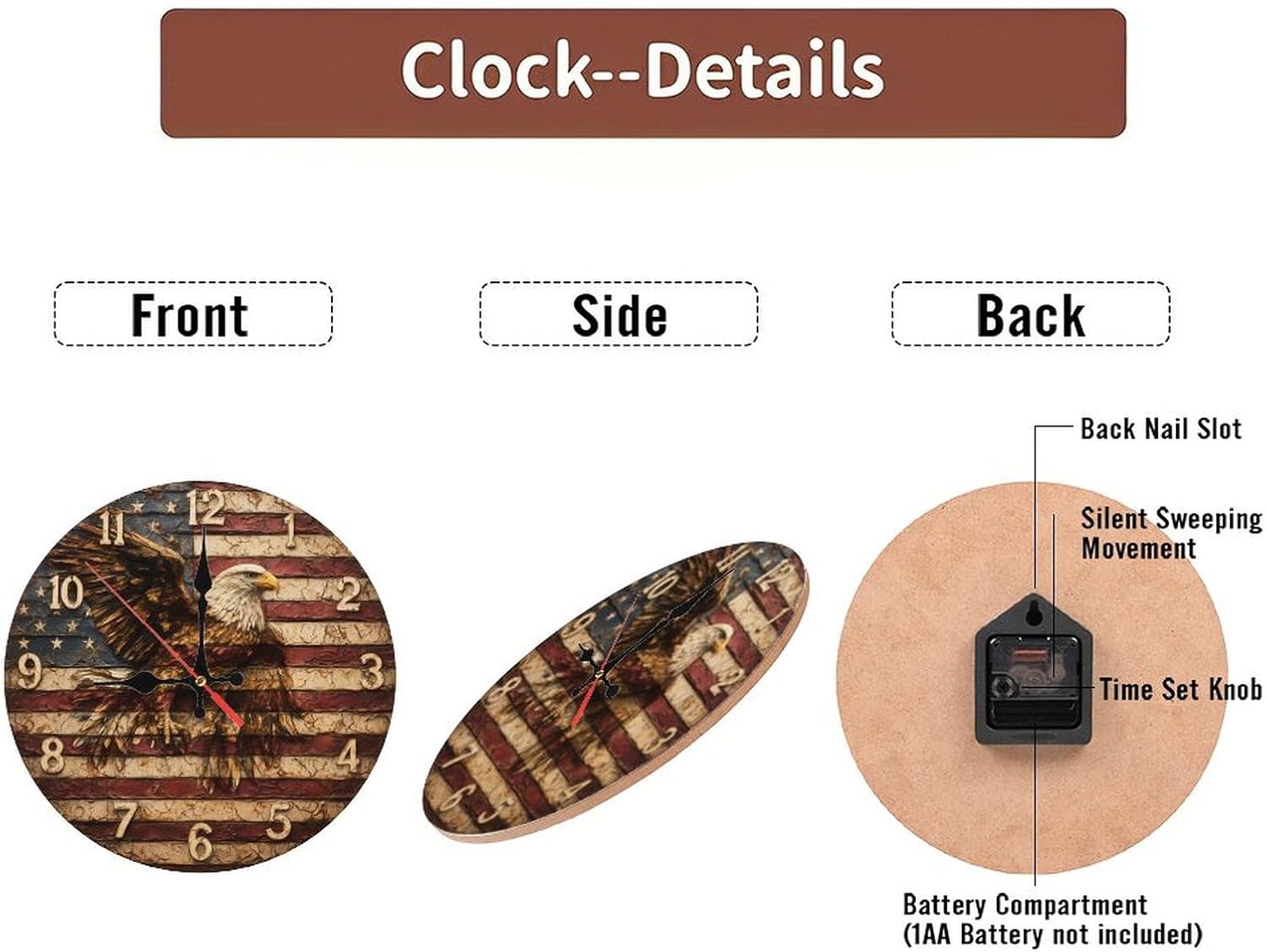 American Bald Eagle Flag Wall Clock Rustic Decor 10-Inch Wooden Wall Clock, Silent Movement, Perfect for Living Room Bedroom Bathroom Home Decor