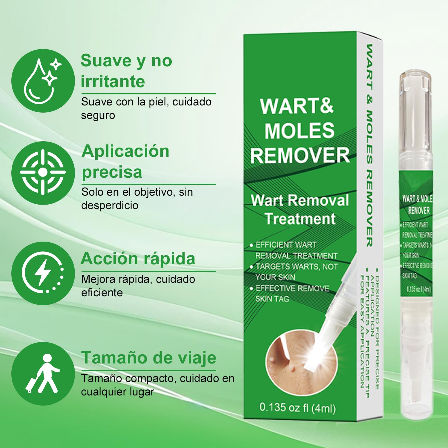 Removedor de verrugas de acción rápida para rostro y cuerpo - Lápiz con ácido salicílico y pincel de precisión | Fórmula suave para eliminar verrugas, tamaño viaje (4ml)