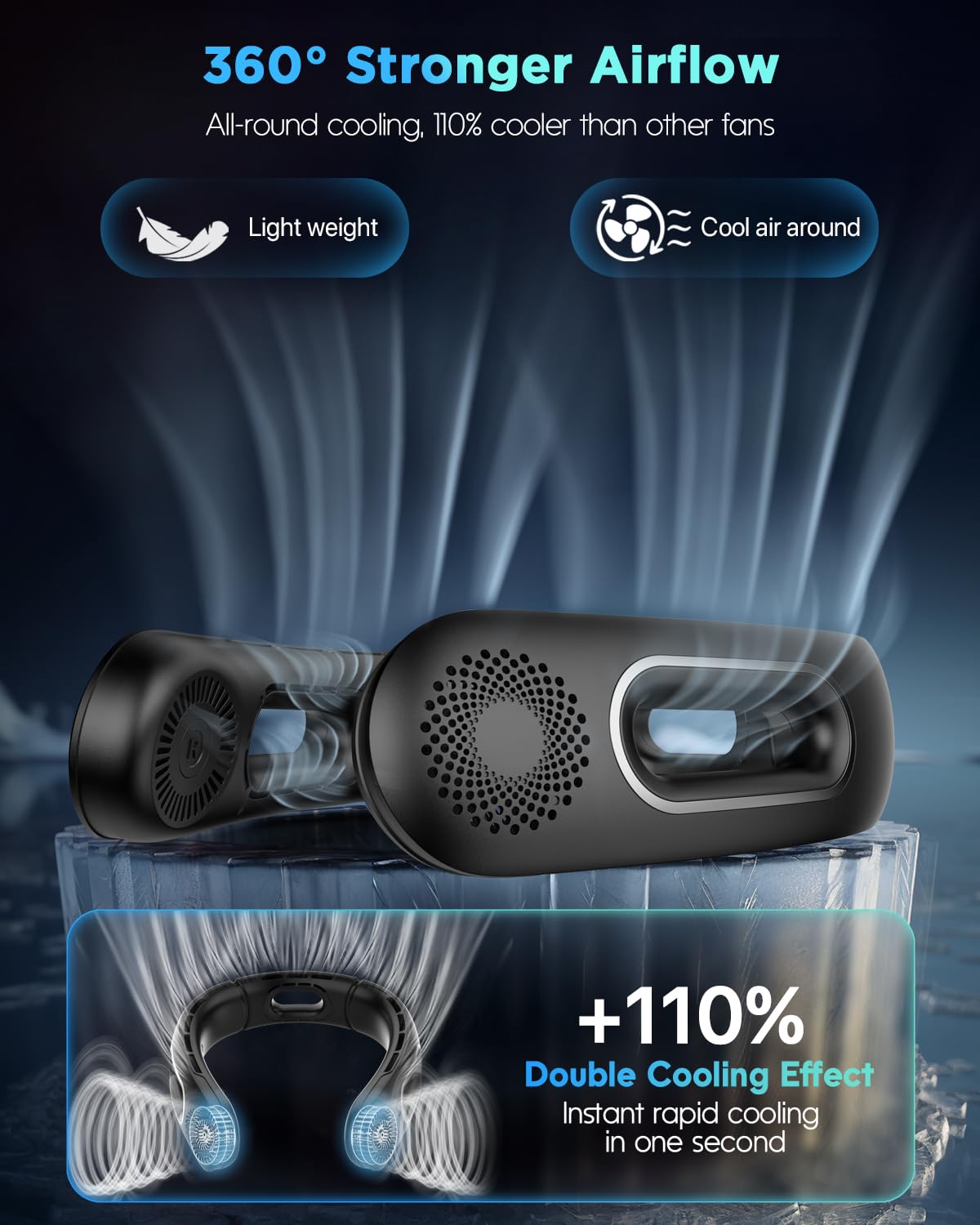 Dnenellr Ventilatore da Collo, Ventilatore Portatile Ricaricabile Senza Lama, Personale A Batteria Da 5200mAh, Indossabile a Mani Libere con 4 Velocità, Regolabile, Silenzios - Nero