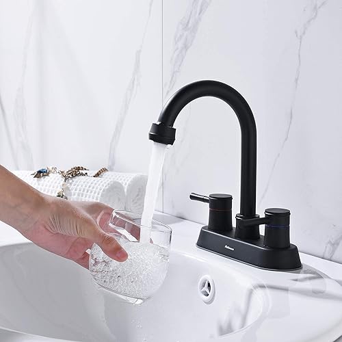 Miniatura 4 de Rainovo - Grifo de baño con desagüe para fregadero emergente, color negro mate, 3 agujeros de acero inoxidable de arco alto, manguera de suministro