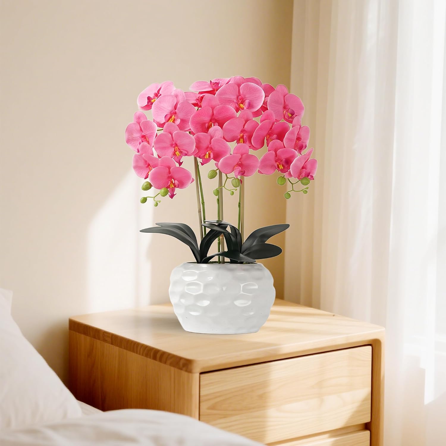 SJC Orchid Artificial Flowers with White Vase Large Silk Faux Phalaenopsis Flowers for Dining Room Table Floral Centerpieces Indoor Decoration,Fuchsia - Image 4