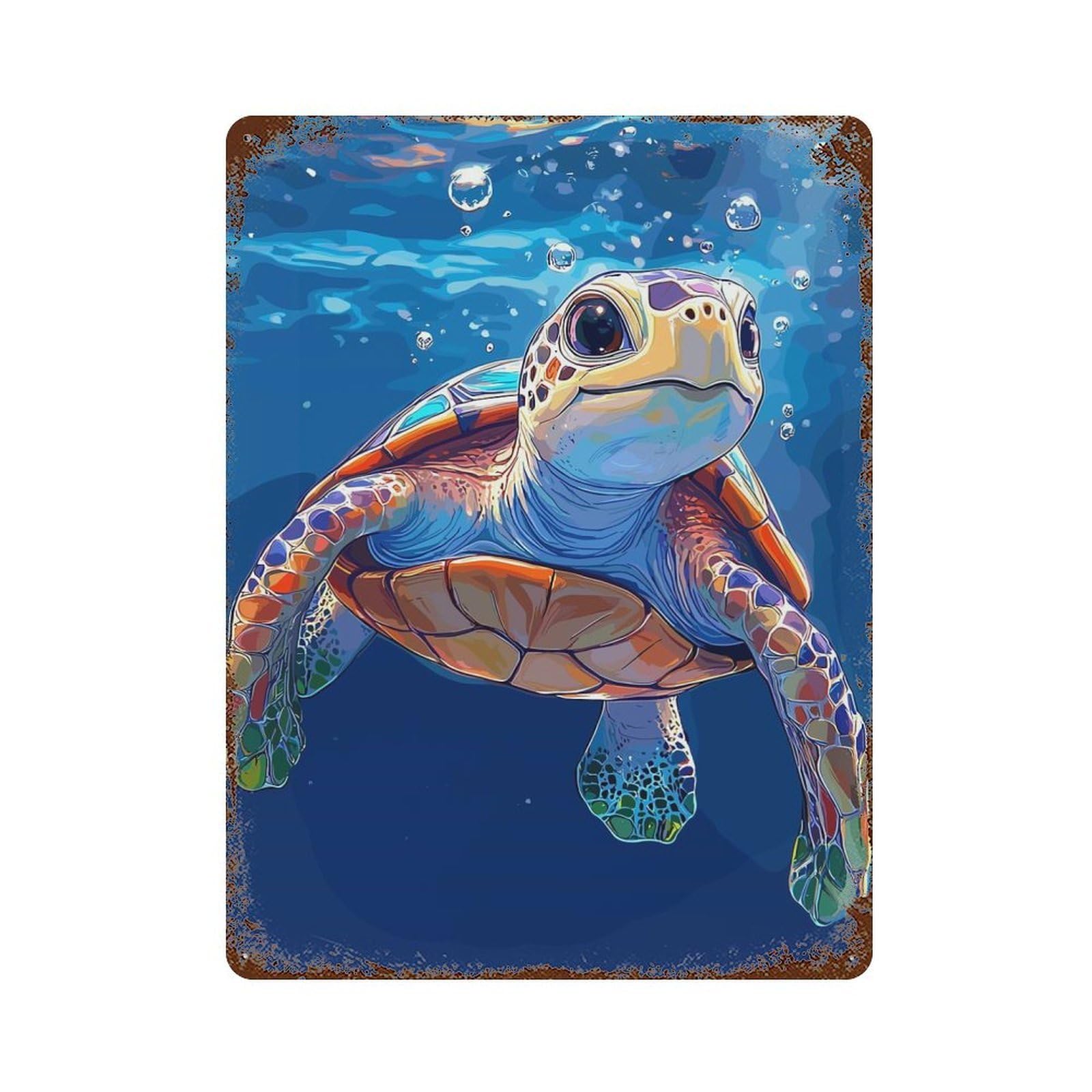 Rust Effect Sea Turtle Swimming Underwater Illustration Weathered Tin Sign 15.7"x11.8", Farmhouse Wall Decor for Farmhouse, Kitchen And Entryway Decor