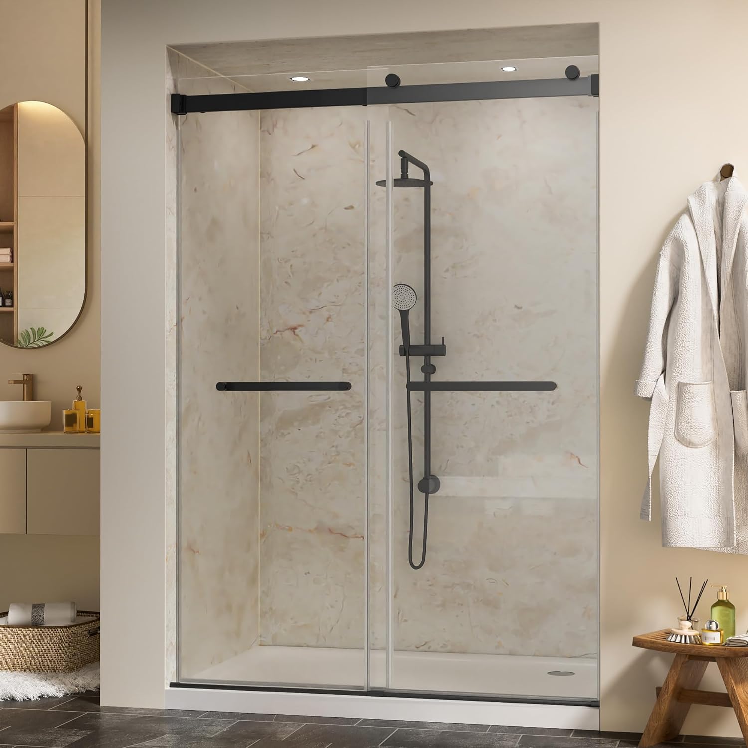 Hasipu Frameless Shower Door, 44"-48" W x 76" H, 5/16"(8MM) Tempered Glass, Explosion-Proof Film, Nano Coating, Silent & Secure Rollers, Magnetic Seal, Bright Silver Sliding Shower Door
