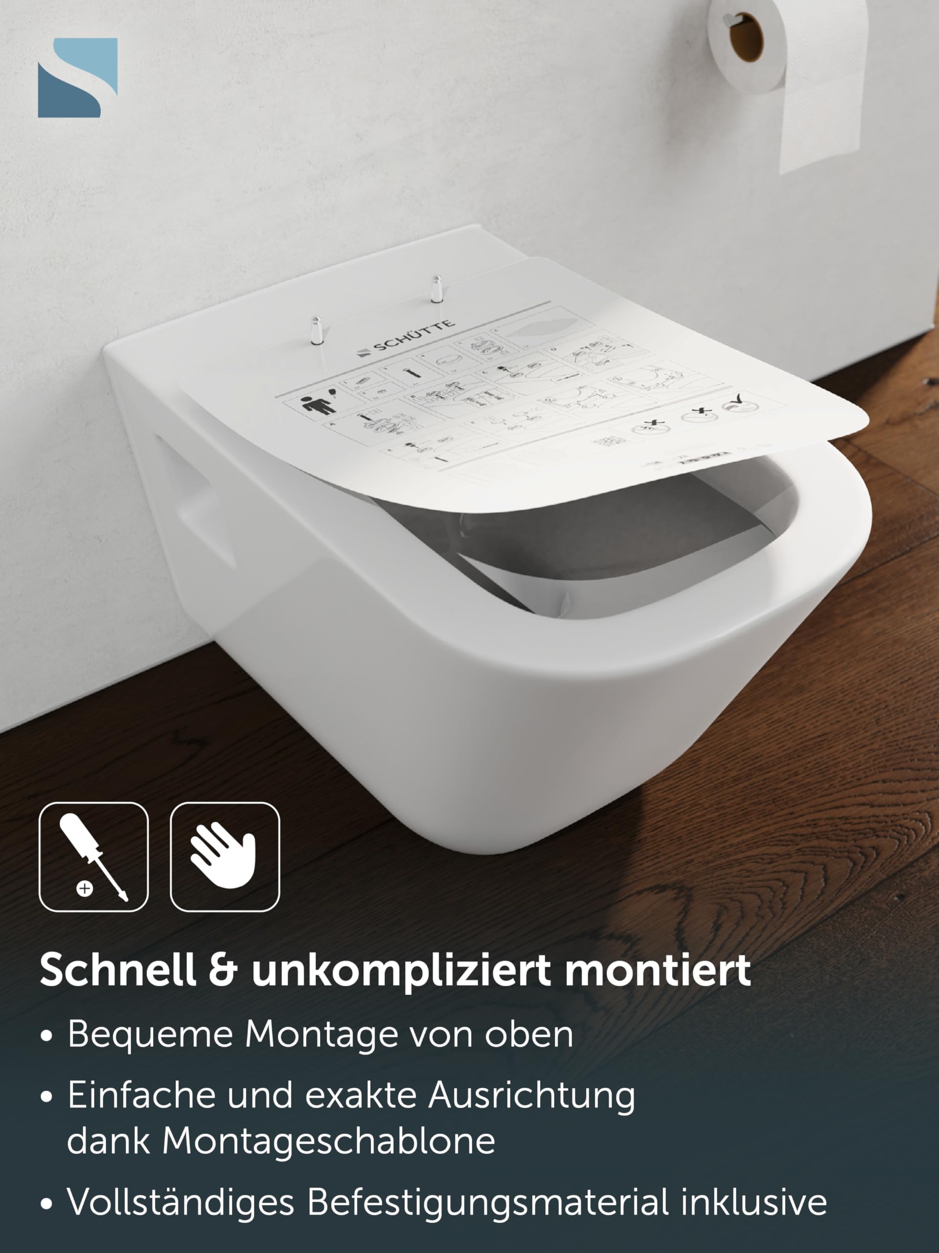 SCHÜTTE WC-Sitz Eckig (E-Form) | Passgenau für Keramag Renova Nr. 1 Plan | 5 Jahre Garantie & 250 kg Belastbar | Duroplast Toilettendeckel mit Absenkautomatik & Schnellverschluss | Weiß