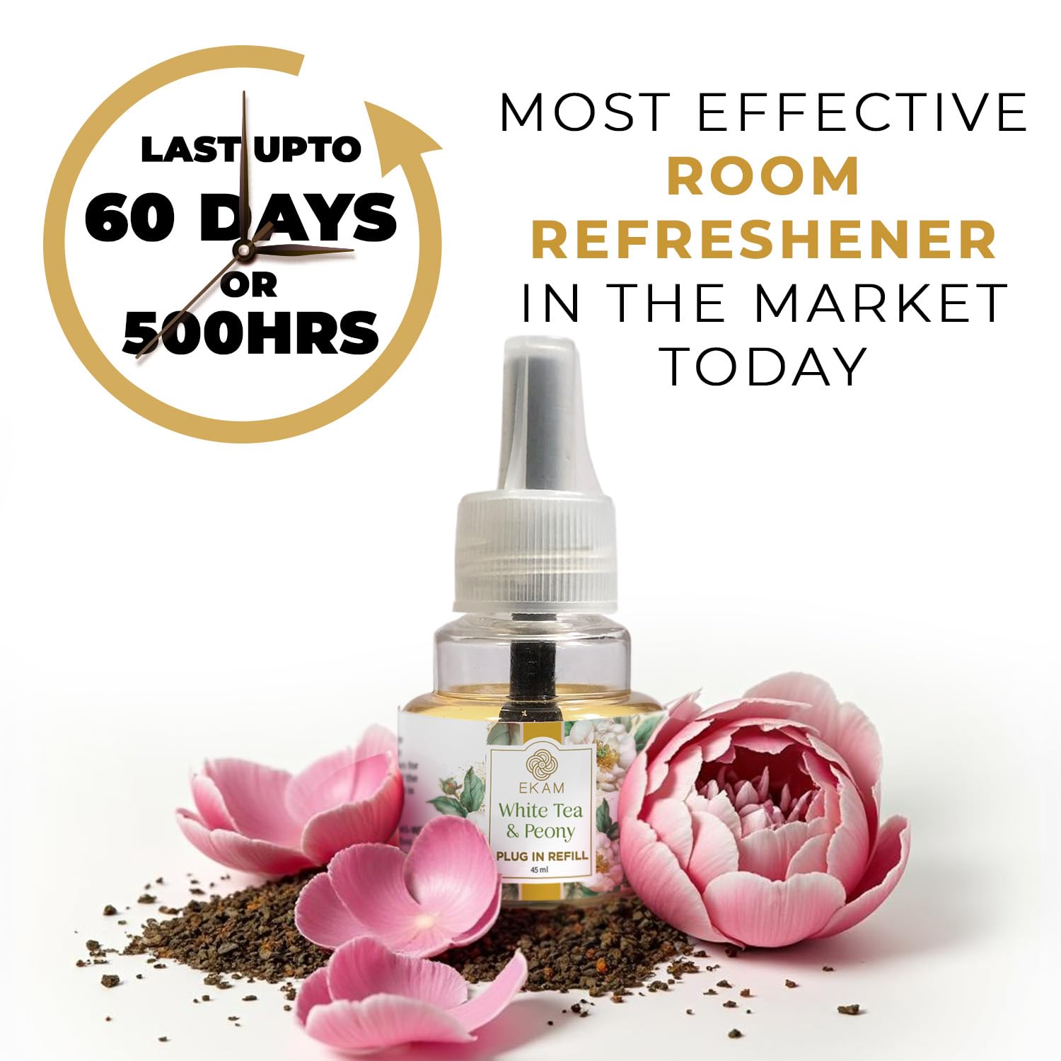 EKAM Plug-In Air Freshener Refill (45ml) | White Tea & Peony Scent for Room/Bathroom | Automatic Refill | Lasts up to 125 Days / 500 Hours | Perfect for Living Rooms, Bedrooms & More - Image 2 thumbnail