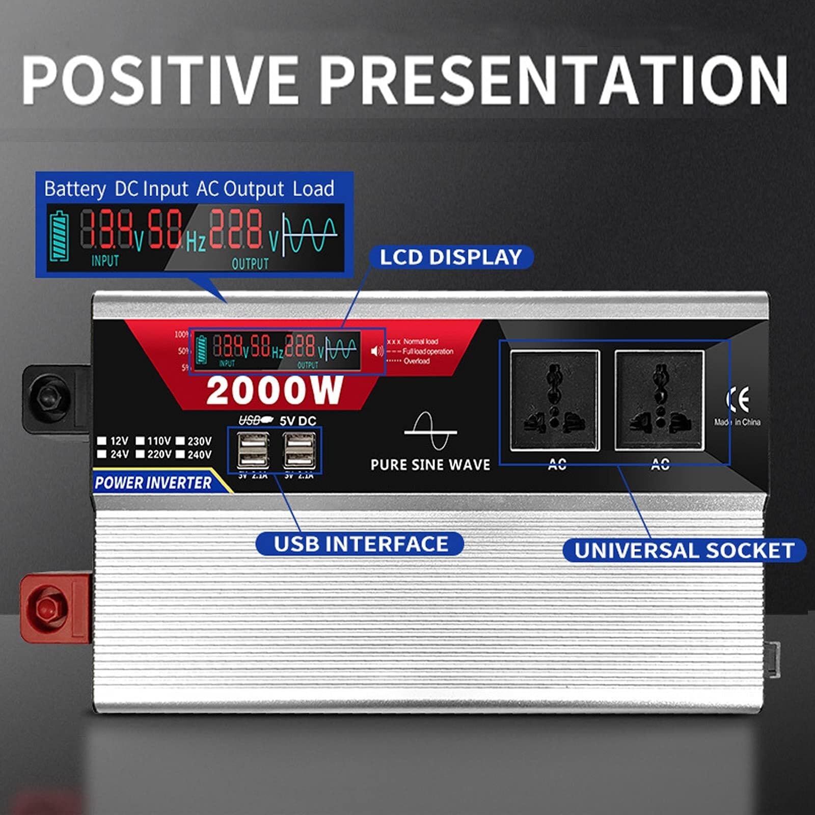 Falownik mocy czystej fali sinusoidalnej, konwerter DC 12V/24V na 110V/220V z 6 portami USB i 2 gniazdami AC, pilotem zdalnego sterowania (12Vto110V,2000W)